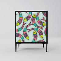 SIDEBOARD INDIAN FISH, Schwarz, 57,5x42x72,5 cm, Schwarze Metallfüße - Multicolor/Schwarz, Holzwerkstoff/Metall (57.5/72.5/42cm) - SpaceRebels