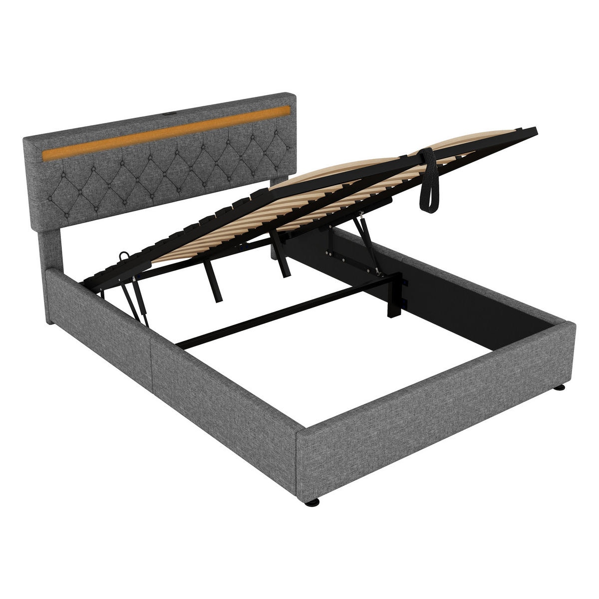 POLSTERBETT aus Leinen 160x200 cm in Grau mit LED-Beleuchtung & USB-C - Grau, Textil (160/200cm) - Modfu