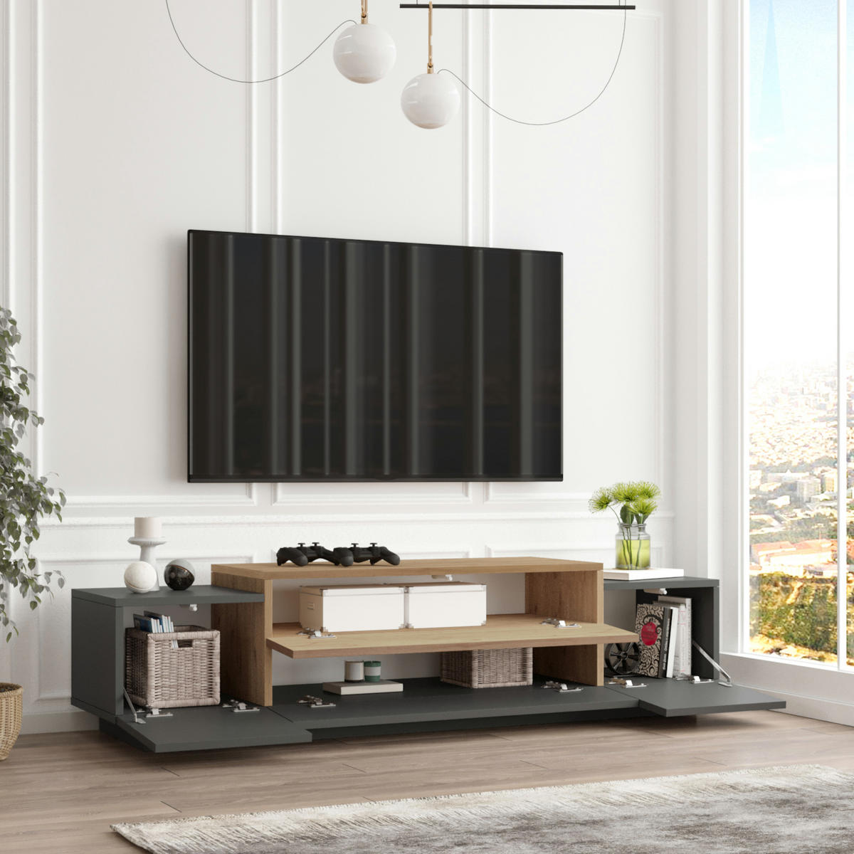 FERNSEHSCHRANK Firås - Eichefarben/Anthrazit, Holzwerkstoff (37.5/39/160cm) - [en.casa]