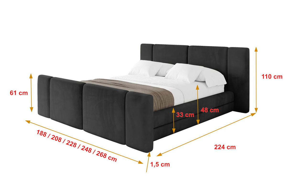 POLSTERBETT mit Bettkasten, Fußteil und Lattenrost, Bett mit Matratze H3/H4 - TEVO-Z 180x200 Schwarz - Schwarz, Holzwerkstoff/Textil (180/200cm) - ALTDECOR