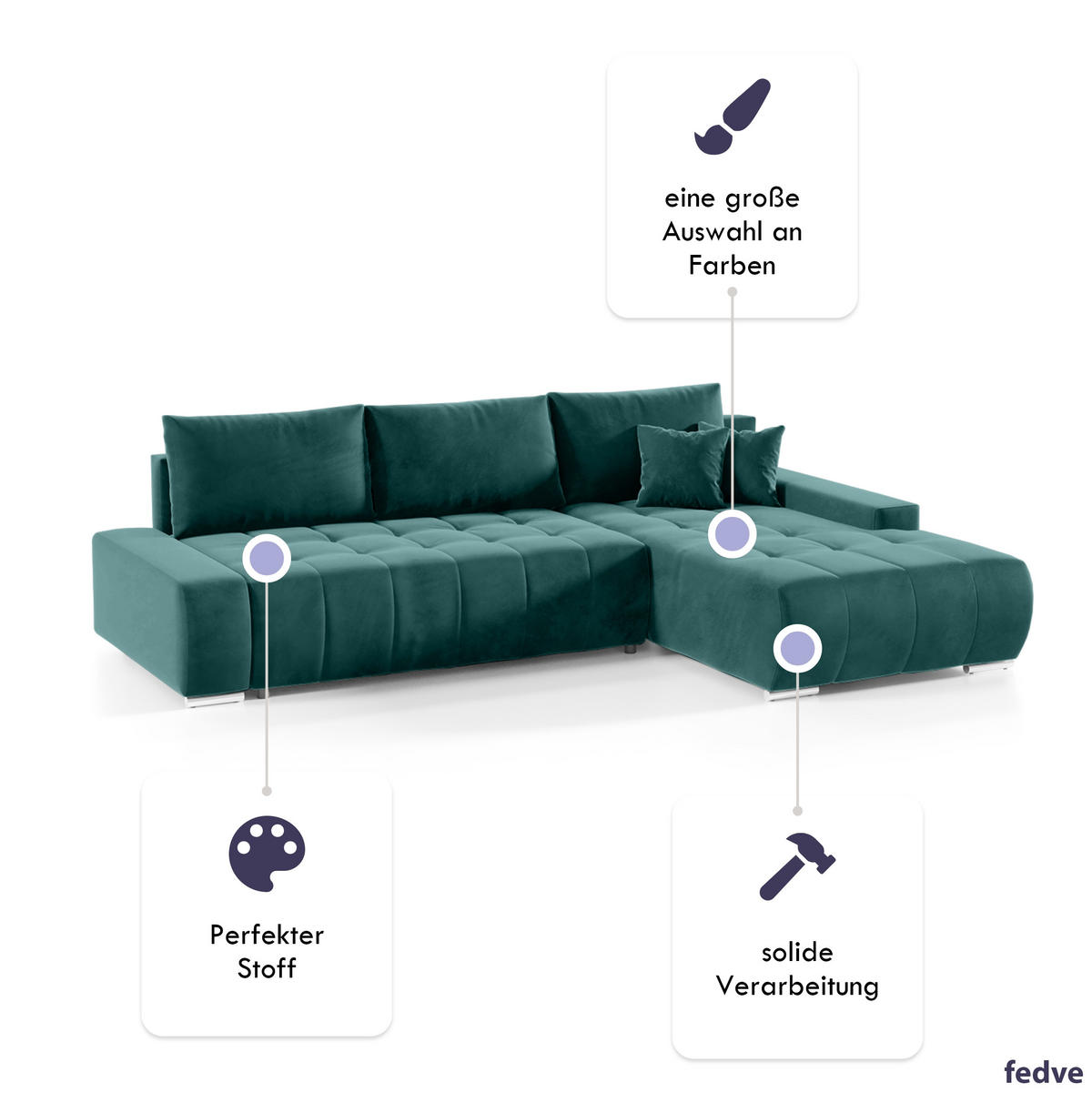 ECKSOFA mit Schlaffunktion Dhaka L, Flaschengrün - Grün, Textil (185/265cm) - Fedve