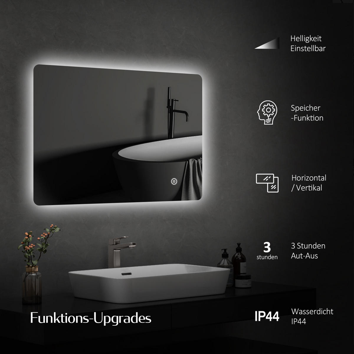 BADSPIEGEL mit Anti-Beschlag Beleuchtung Rechteckig 70/50 cm - Weiß, Glas (50/3/70cm) - EMKE