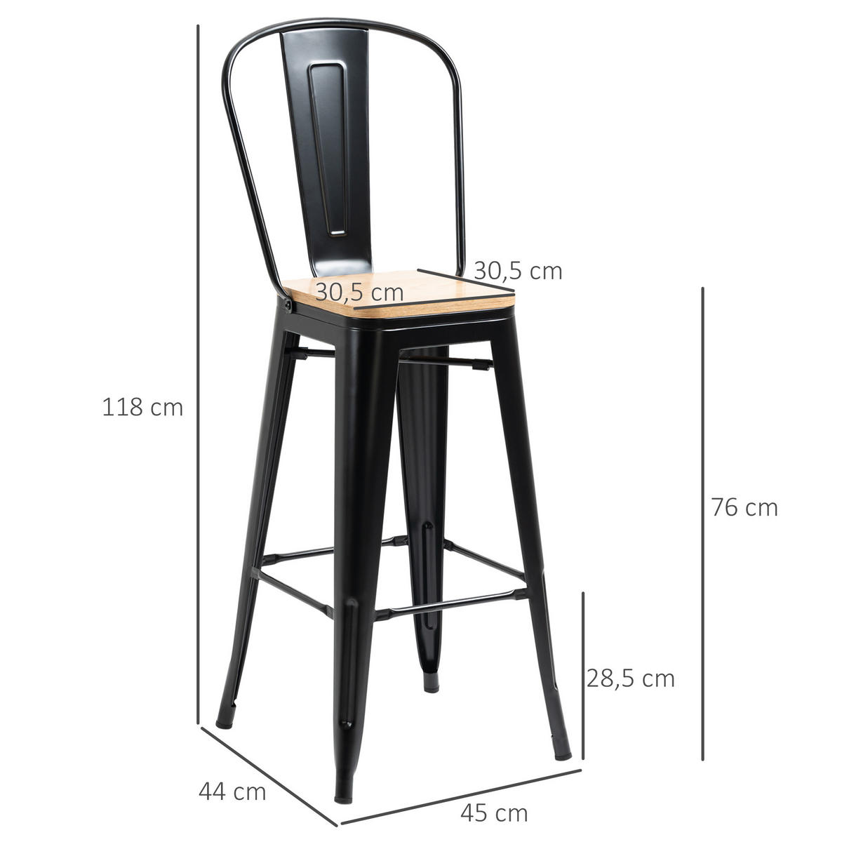 BARHOCKER 4er-Set DE-14705 industriell mit Rückenlehne & Fußstütze Hellholz/Schwarz - Schwarz, Metall (44/118/45cm) - ComfortXL