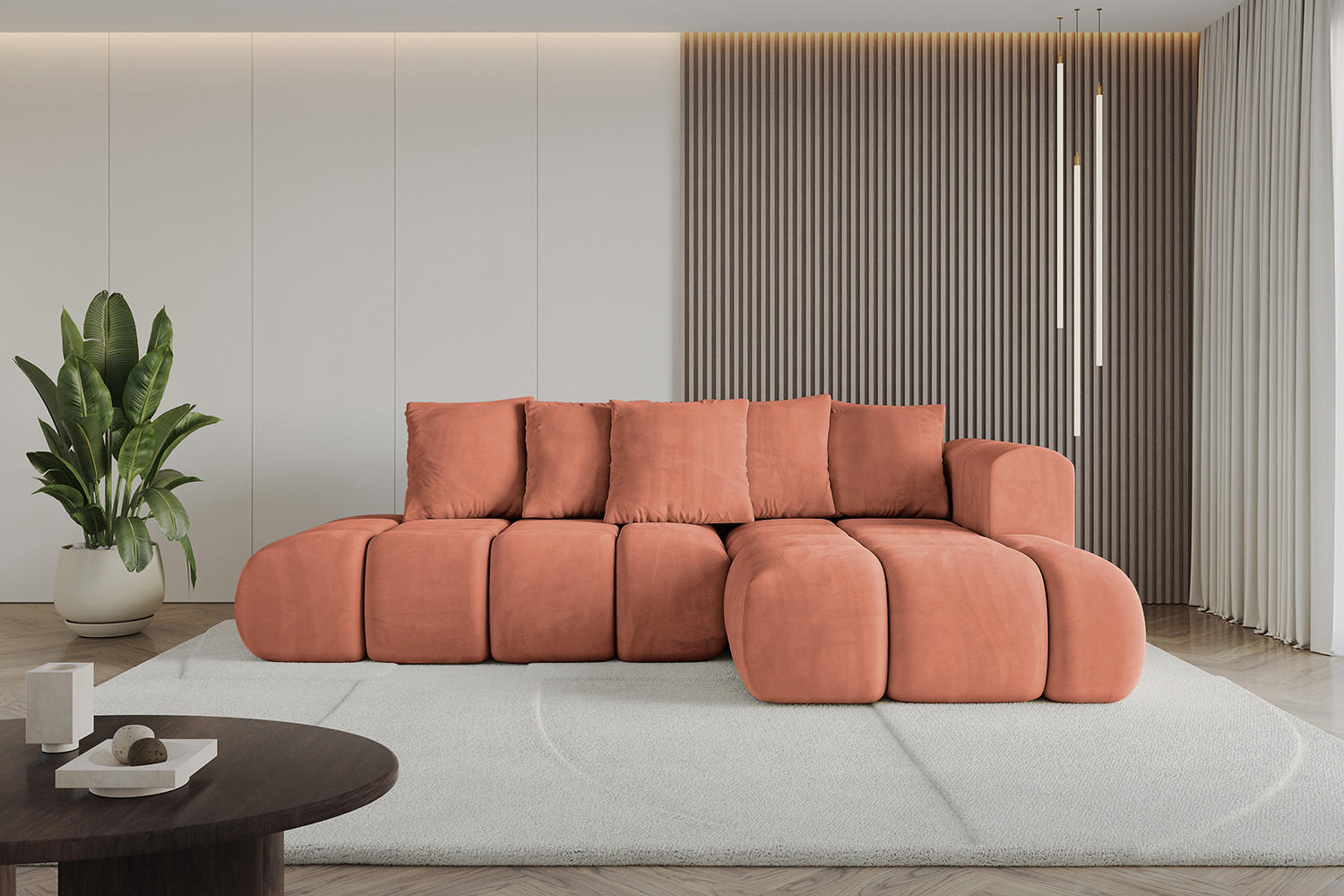 ECKSOFA Ottomane Rechts CLOUD-L-v1 289x180x40 Apricot Velours - Koralle, Holzwerkstoff/Kunststoff (289/180cm) - ALTDECOR
