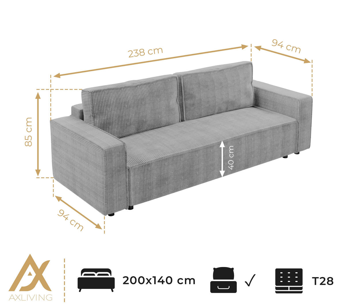BIGSOFA Aydin Sofa Dunkelgrau 238/94/85 cm Cord mit Schlaffunktion Bettkasten - Dunkelgrau/Schwarz, Kunststoff/Textil (238/85/94cm) - AX Living