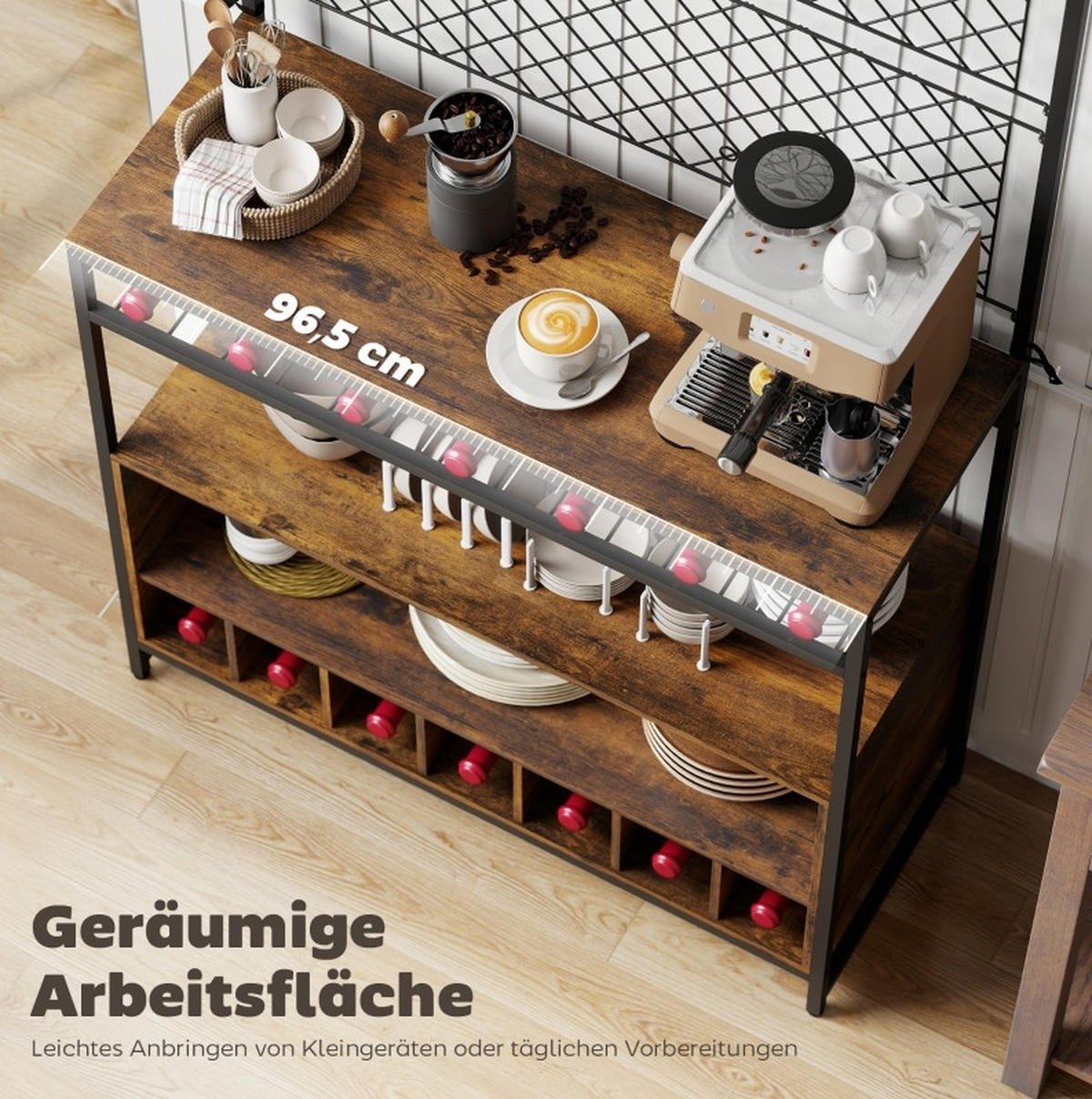 BUFFET aus Holz und Metall 96,5/38/165 cm Braun-Schwarz mit Arbeitsfläche, Weinregal und 5 Haken - Braun, Holzwerkstoff (96.5/165/38cm) - Modfu