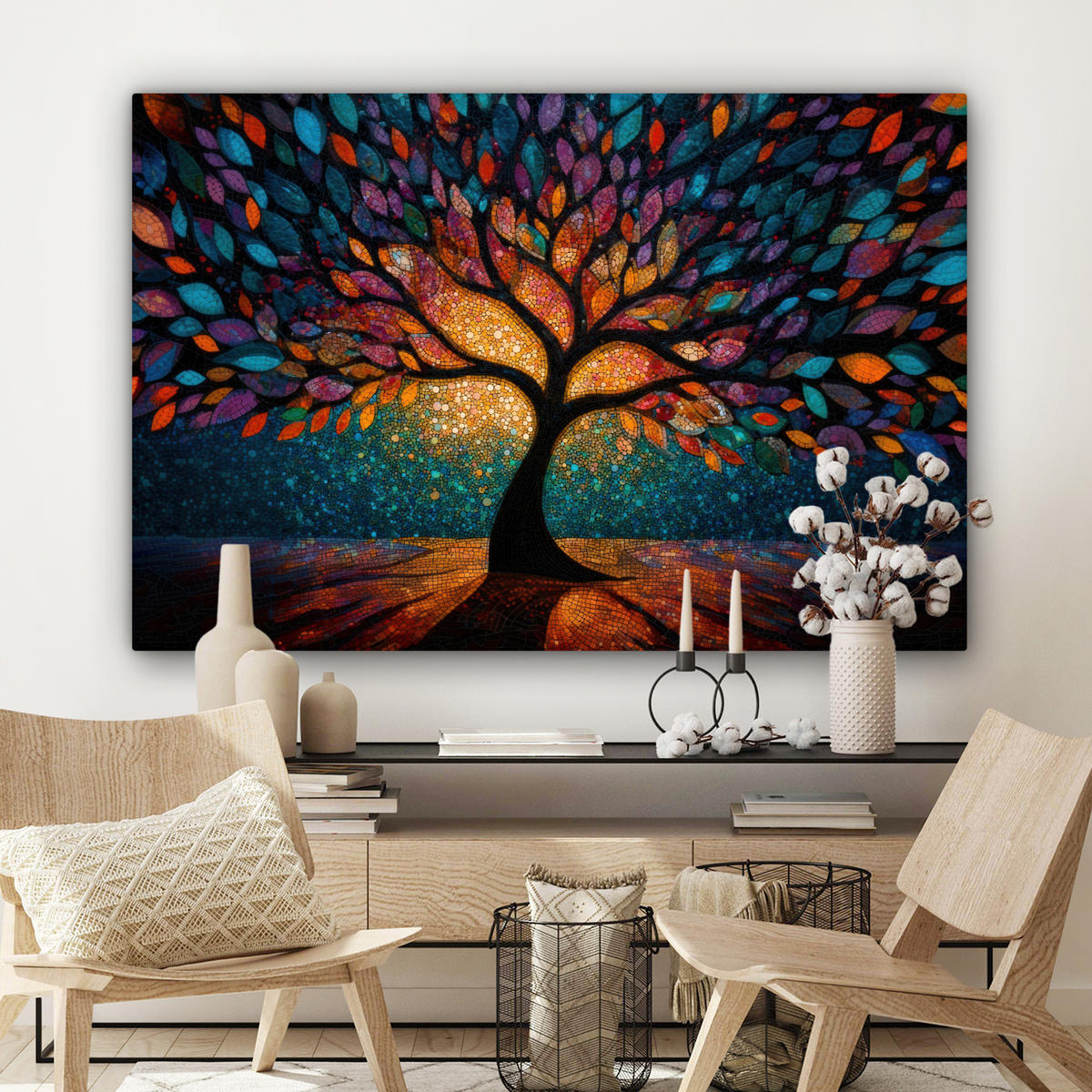 LEINWANDBILD Mosaik - Bunt - Baum - Äste Groß 140x90 cm - Multicolor, Textil (140/90cm) - MuchoWow