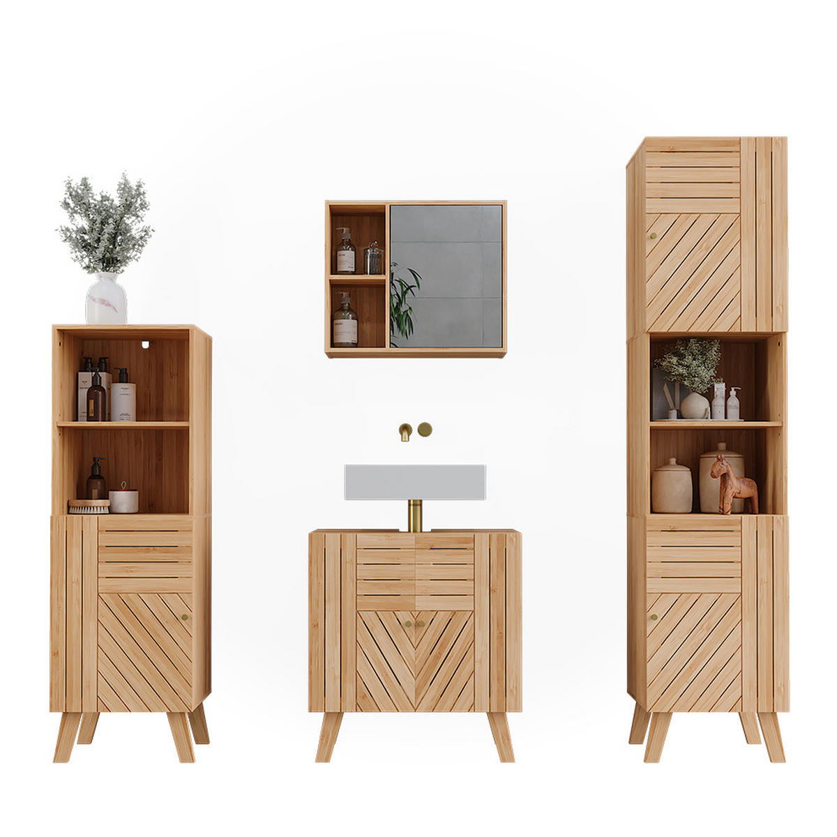 BADMÖBEL-SET Lucie Bambus 4 Teile, mit Midischrank und Hochschrank - Grün, Holzwerkstoff (60/65/36cm) - Vicco