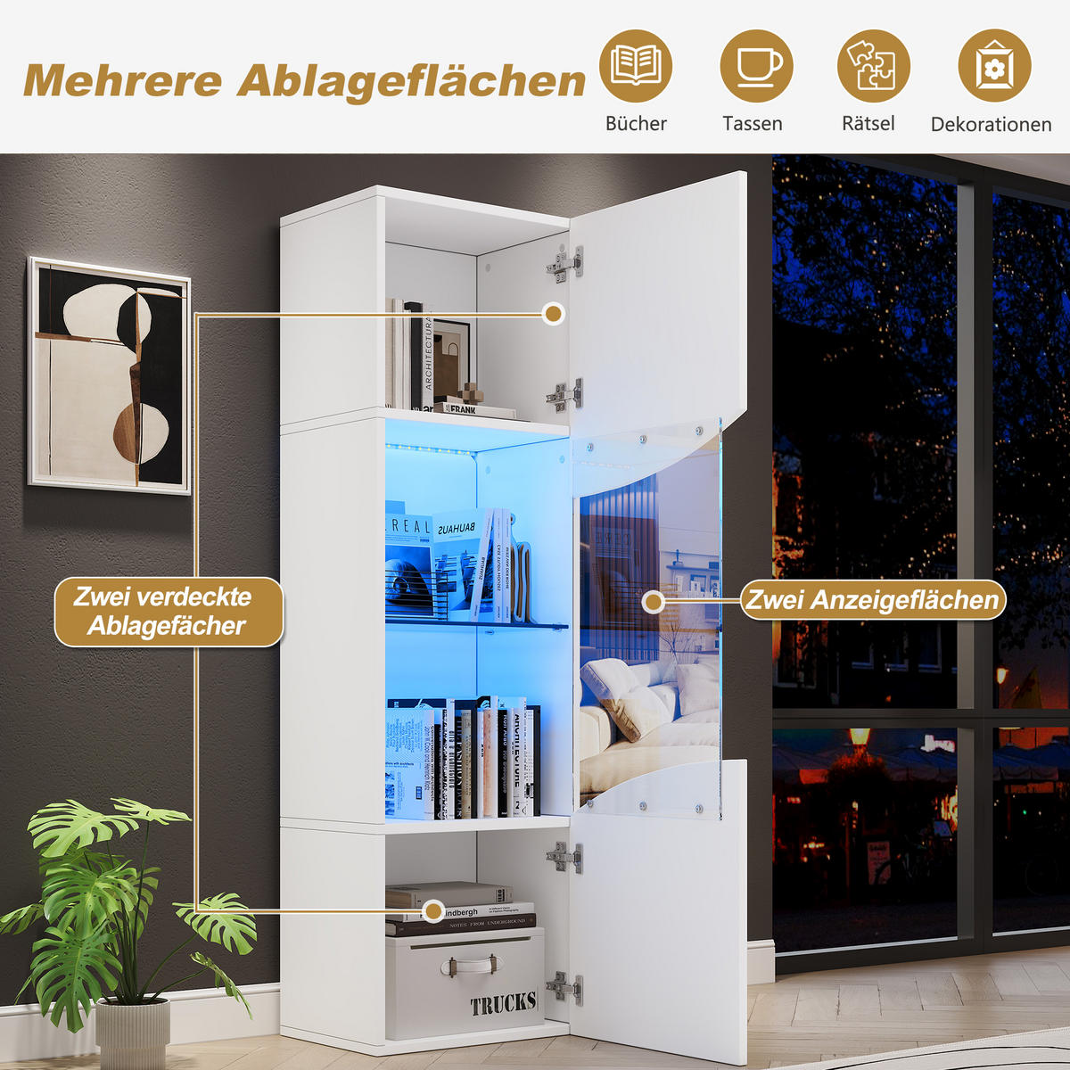 VITRINE LED Hochglanz Vitrinenschrank Glastüren 165cm Weiß - Weiß, Holzwerkstoff (35/165/50cm) - FLIEKS
