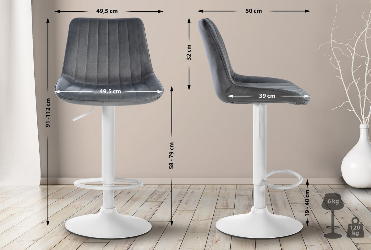 BARHOCKER RIO Dunkelgrau Samt Weiß - Dunkelgrau, Textil/Metall (49.5/91/50cm) - DELUKE