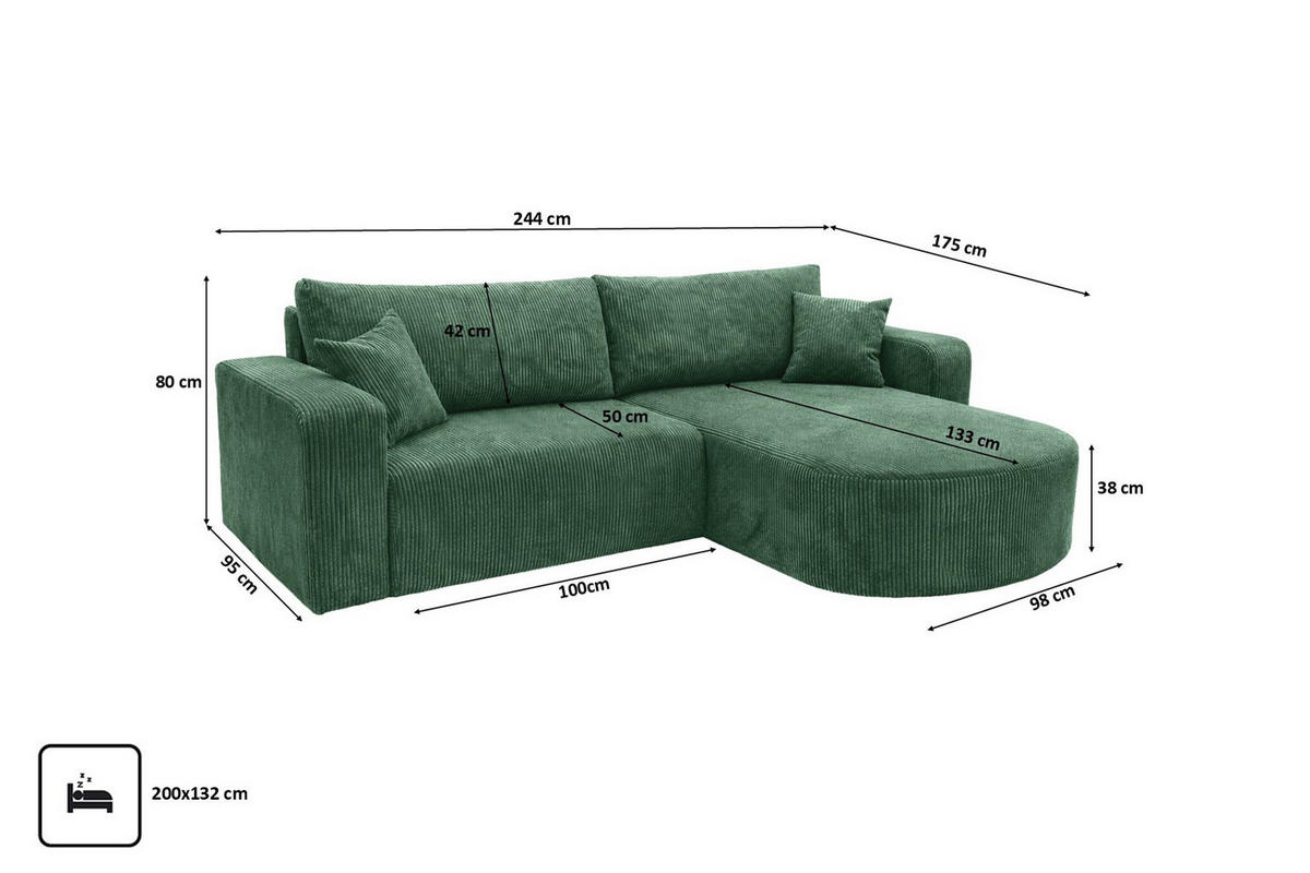 ECKSOFA Mit Schlaffunktion, Cordstoff Poso, Grün, Rechts, ROUND ONE - Grün, Holz (244/175cm) - Kaiser Möbel