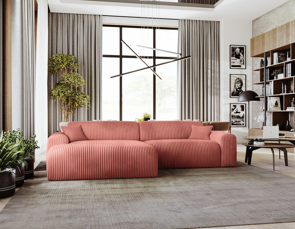 ECKSOFA mit Longchair - Cord - Schwarz/Altrosa, Kunststoff/Textil (284/178cm) - home24