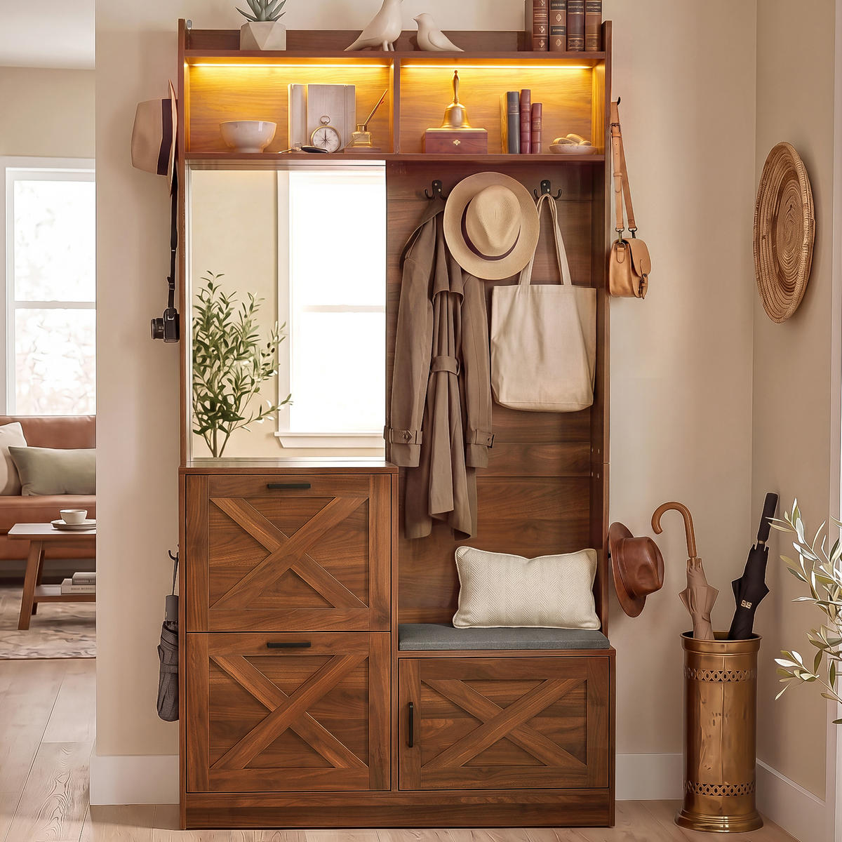 GARDEROBE mit Spiegel, Schuhfächern, Metallgriffen und App-LED - Nussbaumfarben, Holzwerkstoff (25/180/100cm) - Korfee
