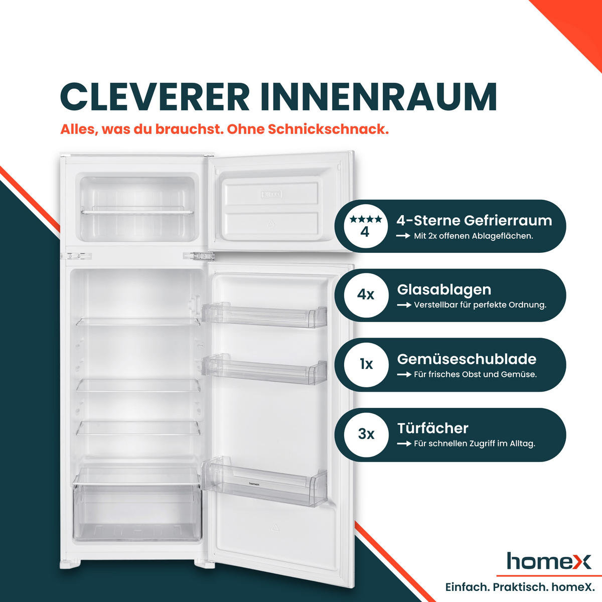 KÜHL-GEFRIER-KOMBINATION Einbau, 145cm Nische, 205 Liter, Schlepptürtechnik, Einbaukühlschrank mit Gefrierfach, CFB2051E - Weiß, Glas/Kunststoff (54/145/54cm) - homeX