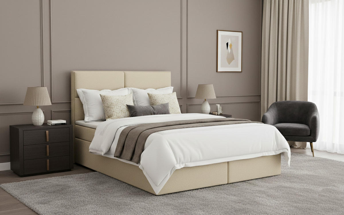 BOXSPRINGBETT AURORA mit Topper und Bettkasten, Ecru, 140x200 cm - Ecru, Textil (140/200cm) - KS Home Concept