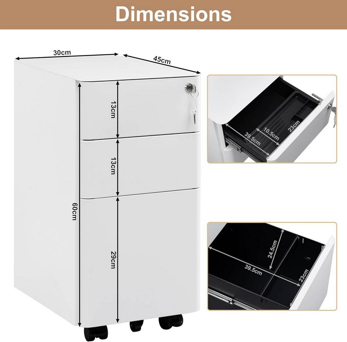 ROLLCONTAINER abschließbar, mit 3 Schubladen, Weiß - Weiß, Metall (30/60/45cm) - Woltu