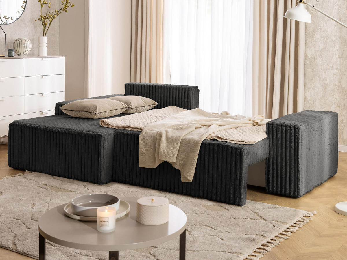 ECKSOFA Rivio mit Schlaffunktion und Bettkasten, Plüschcord Dunkelgrau - Dunkelgrau/Schwarz, Holz/Kunststoff (149/262cm) - S-Style