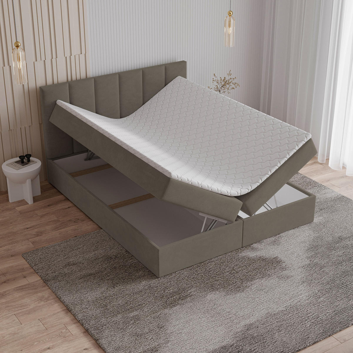 BOXBETT MERIL 160x200 cm mit Matratze und Topper - Braun - Hellbraun, Holz (160/200cm) - MASSENO