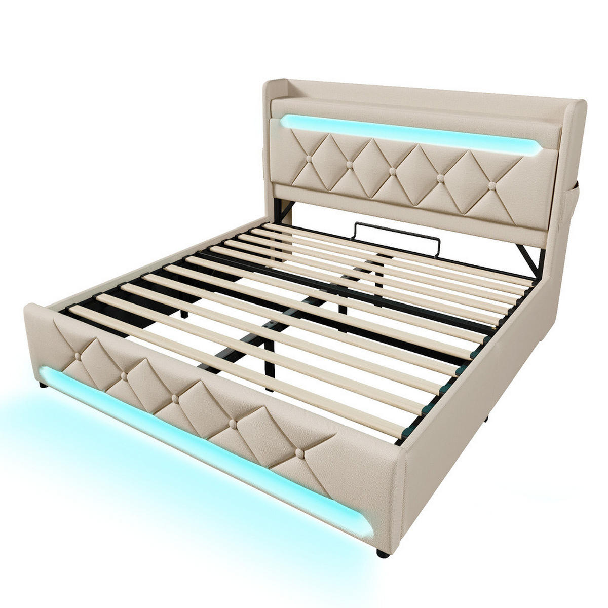 DOPPELBETT 140*200 cm, mit USB Typ-C, LED-Leuchten Kopf und Fußende des Bettes, Stauraum, beige, Leinen, mit Matratze - Beige, Holz (140/200cm) - FLIEKS