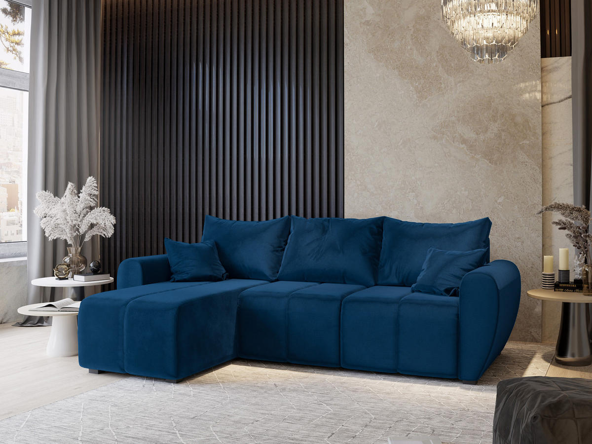 ECKSOFA MADISON Blau Plüsch-Stoff mit Schlaffunktion - Blau, Holz (246/143cm) - MASSENO