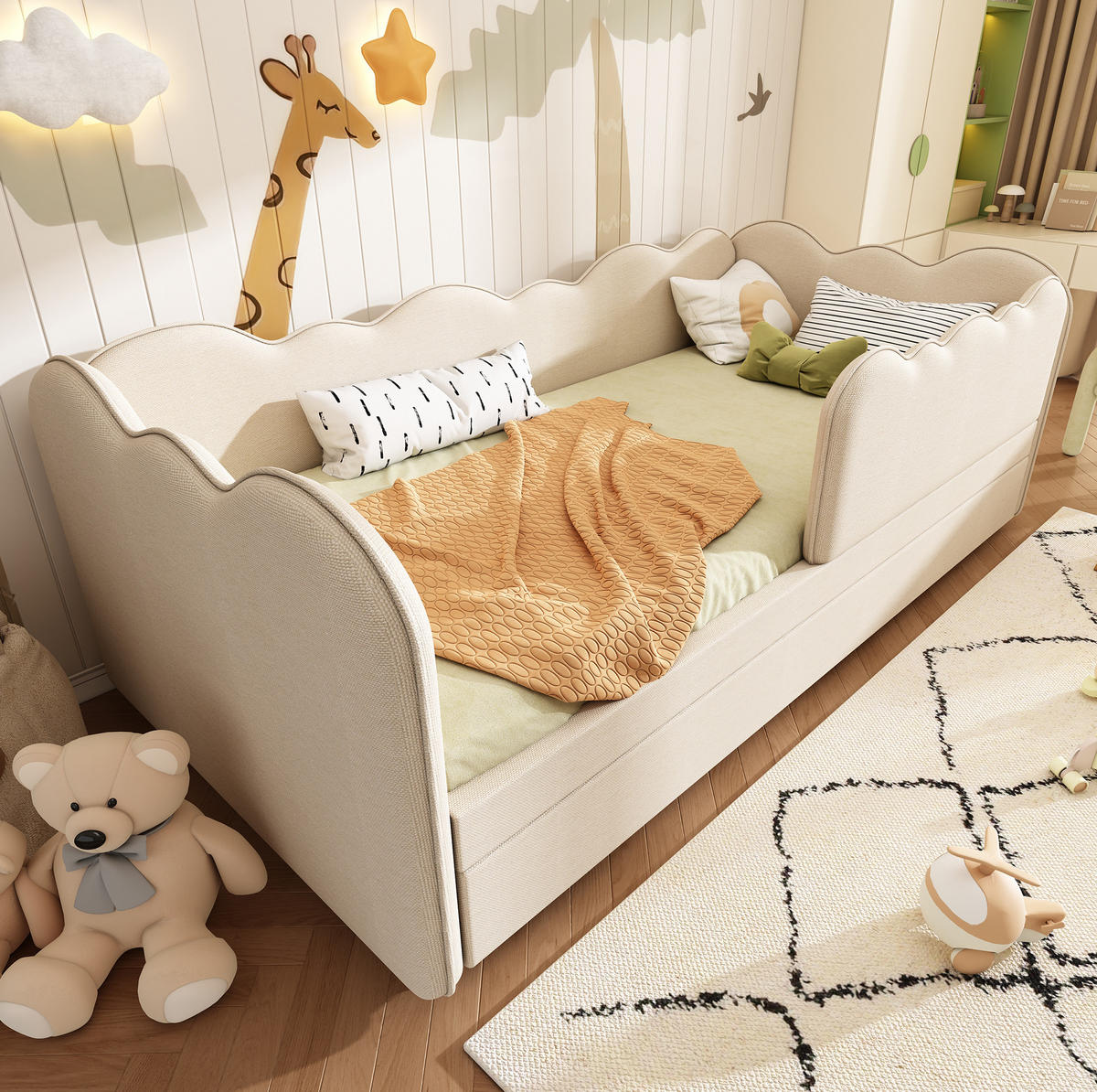 KINDERBETT 90/190 cm mit Ausziehbett und abnehmbarem Seitenteil in Beige - Beige, Textil (90/190cm) - BEAOK