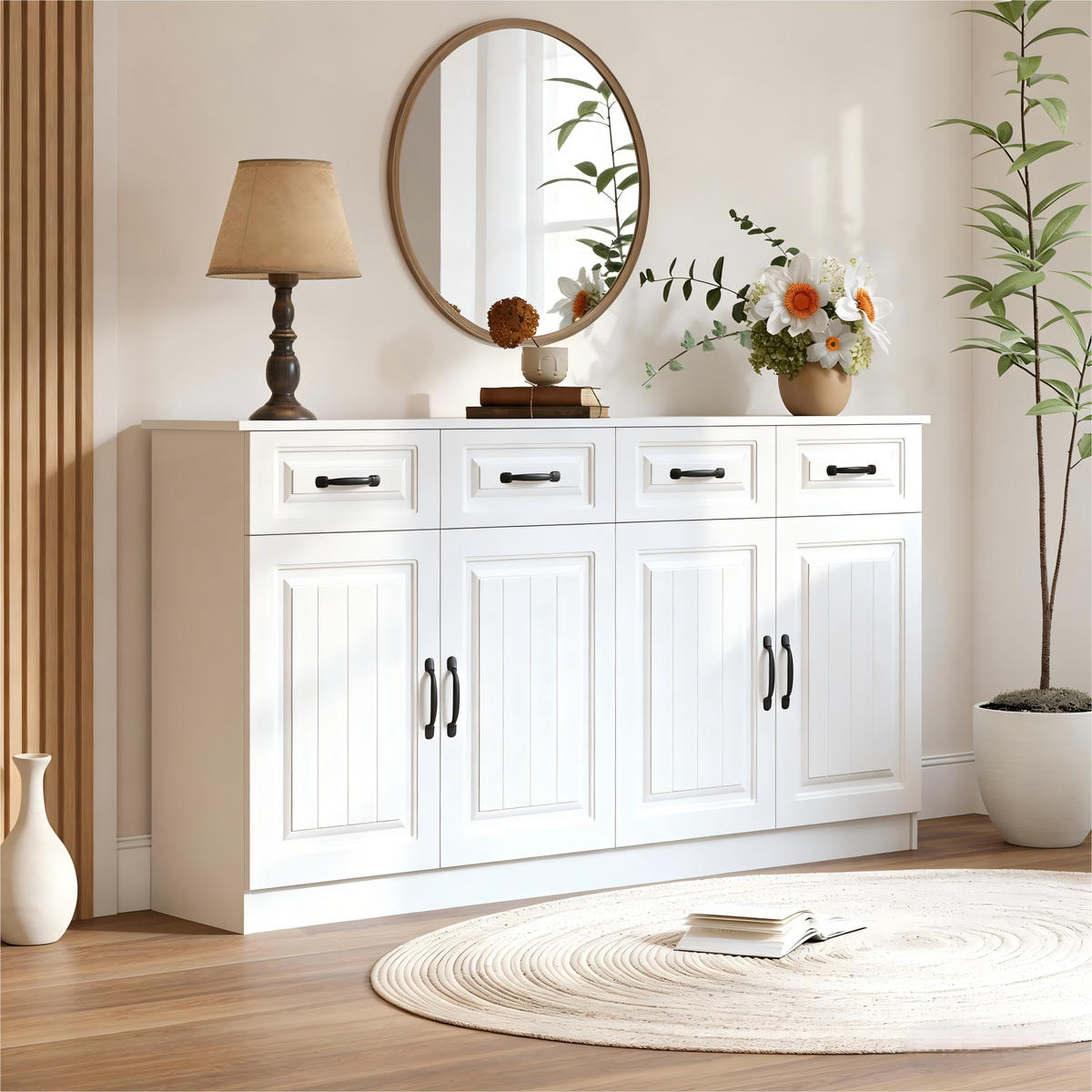 SIDEBOARD Weiß MDF 4 Schubladen 4 Türen 160cm gerillt modern - Weiß, Holzwerkstoff (160/80/35cm) - FLIEKS