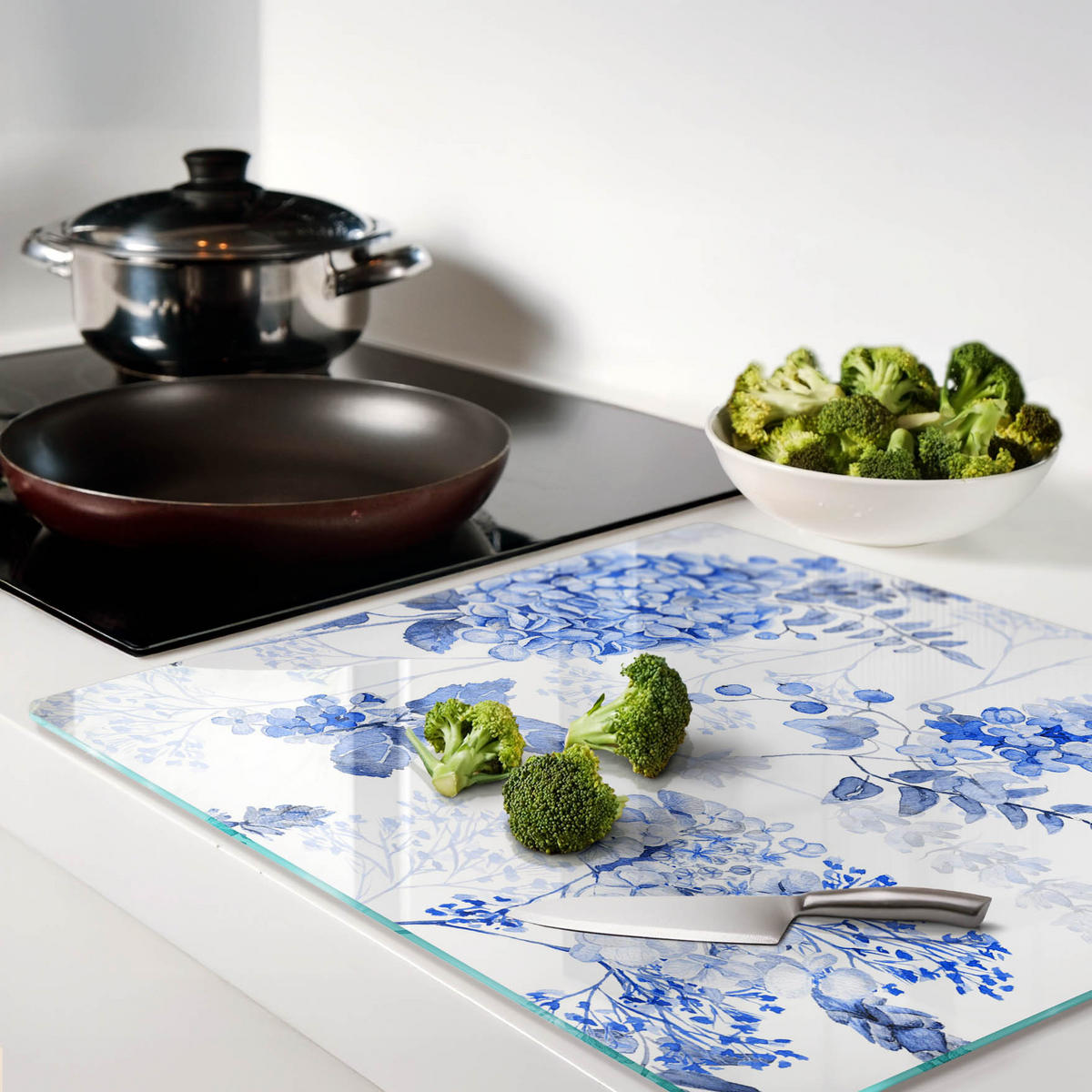 GLASPLATTE 60x52 cm Blumenmuster - Blau, Glas (60/0.4/52cm) - TULUP