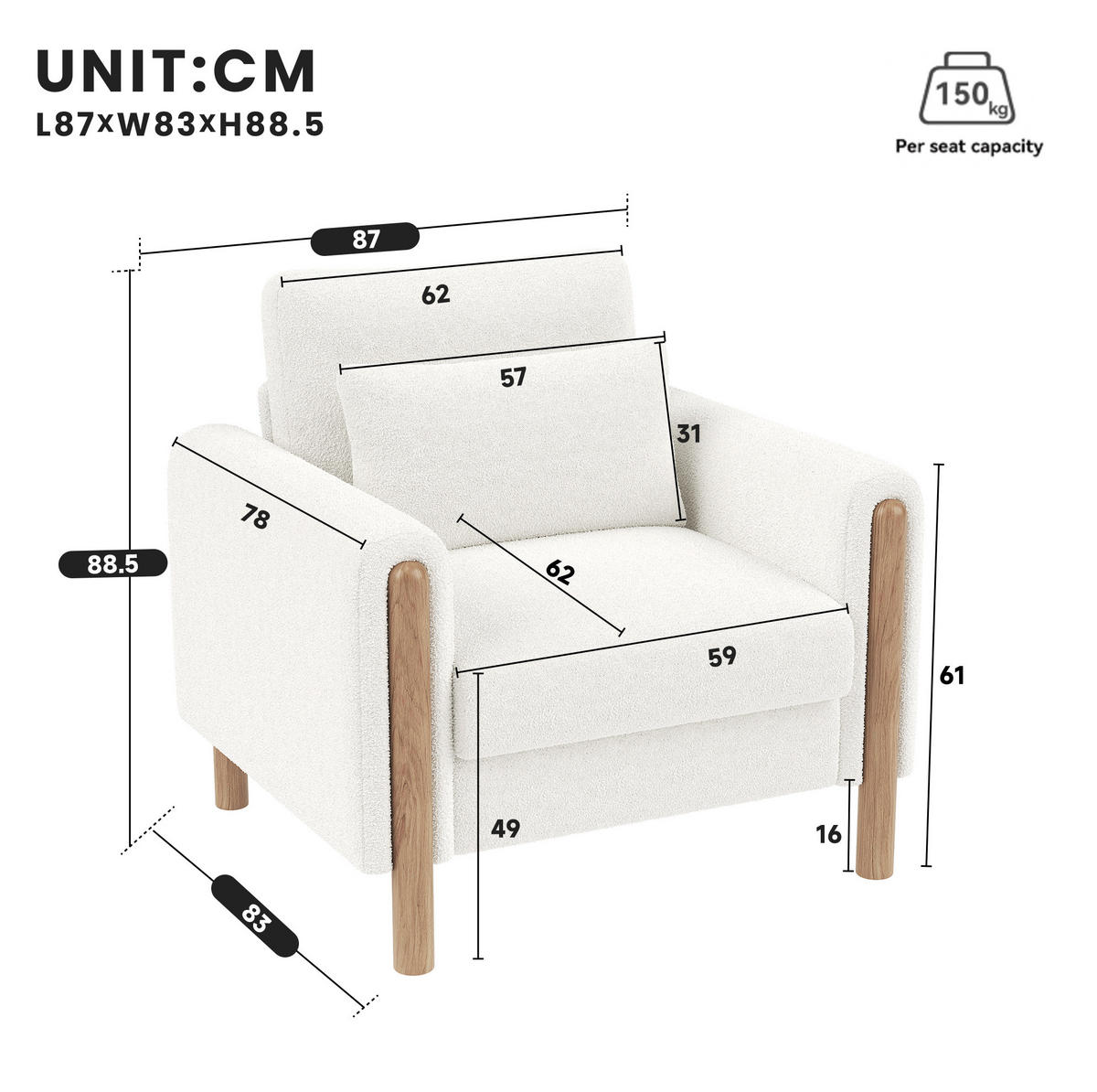 SESSEL 87/88.5/83 cm White aus Teddy mit abnehmbarem Sitzkissen - Weiß, Textil (83/88.5/87cm) - OKMYHOME