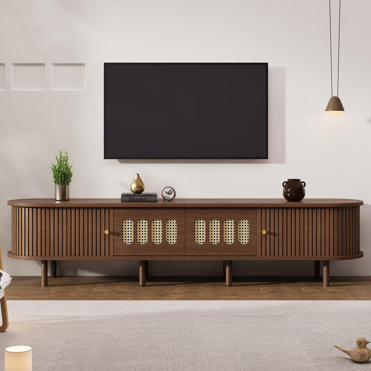 TV-SCHRANK 180cm Nussbaum Rattan 2 Schubladen Lowboard - Walnussfarben, Holzwerkstoff (180/40/40cm) - FLIEKS