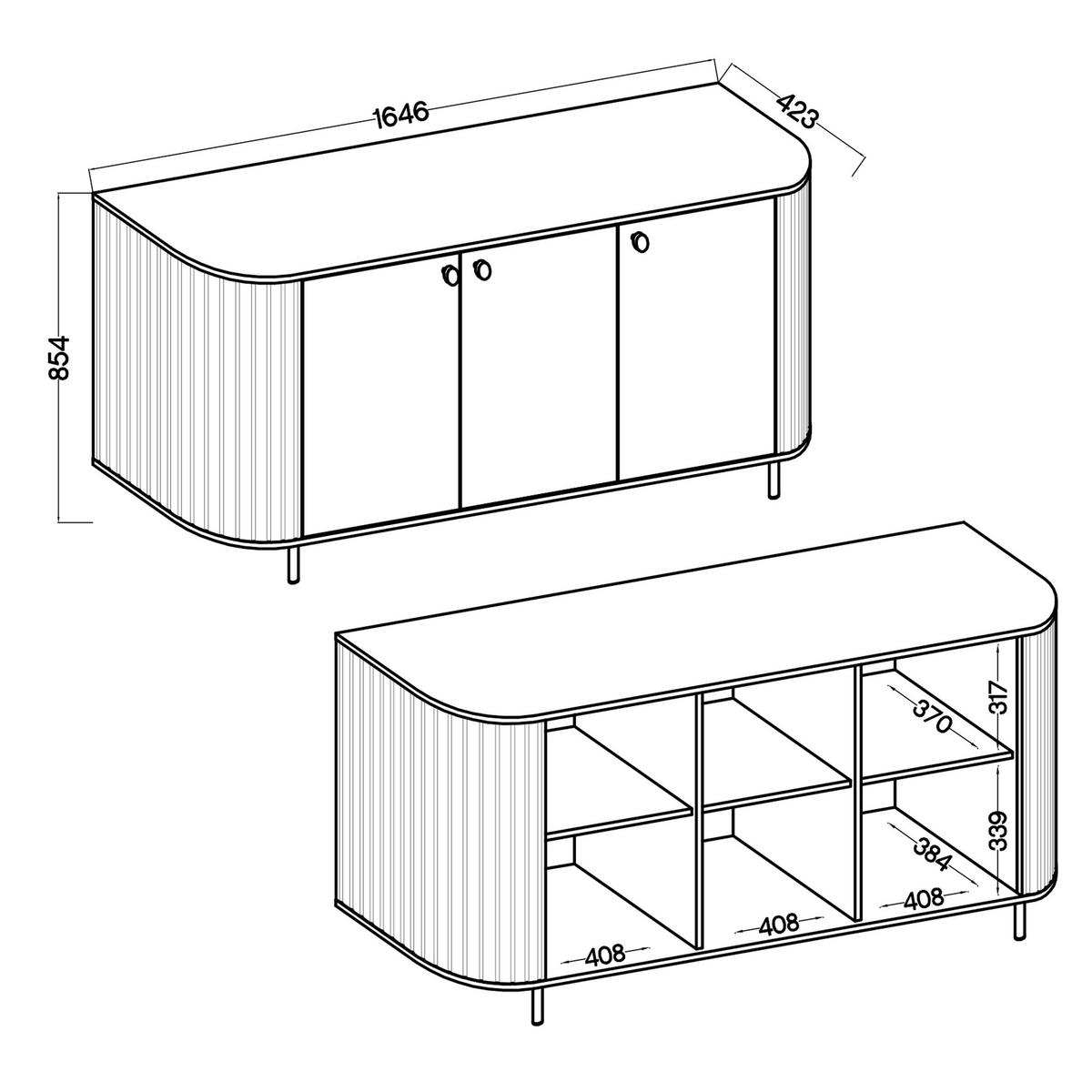 SIDEBOARD Halay Eiche Cremona, 3 Türen Moderne Rillenstruktur 164,6 cm, mit runden Kanten - Eichefarben/Schwarz, Holzwerkstoff/Metall (164.6/85.4/42.4cm) - AX Living