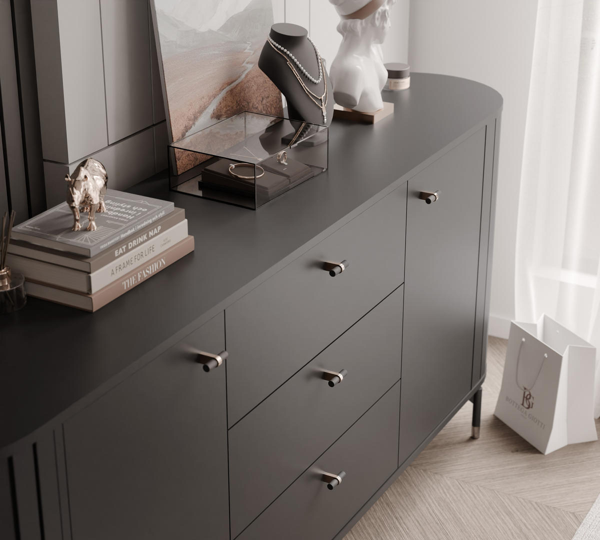 KOMMODE geriffelt, mit drei Schubladen, Schwarz - Schwarz, Holzwerkstoff (190/81/40cm) - Idohome
