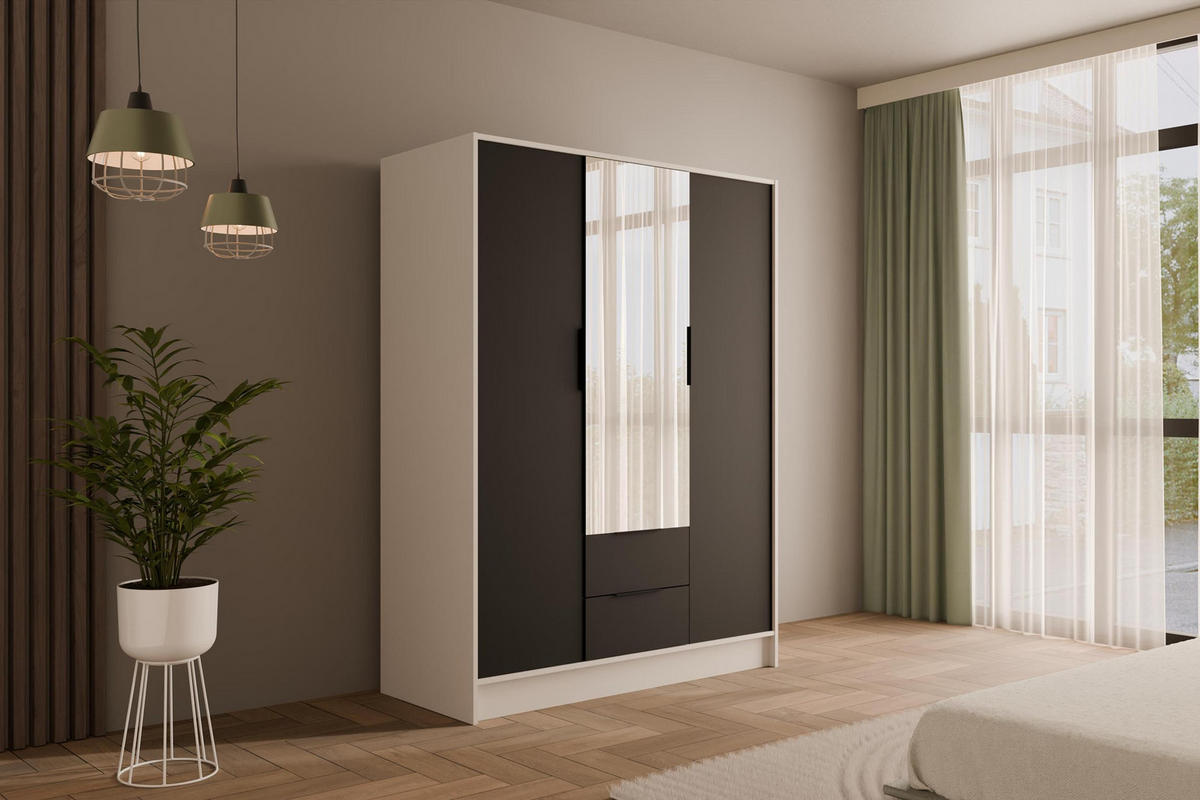 KLEIDERSCHRANK mit Spiegel und Flügeltüren KOLIN 150x200cm Weiß / Schwarz - Schwarz/Weiß, Holzwerkstoff (150/200/51cm) - ALTDECOR
