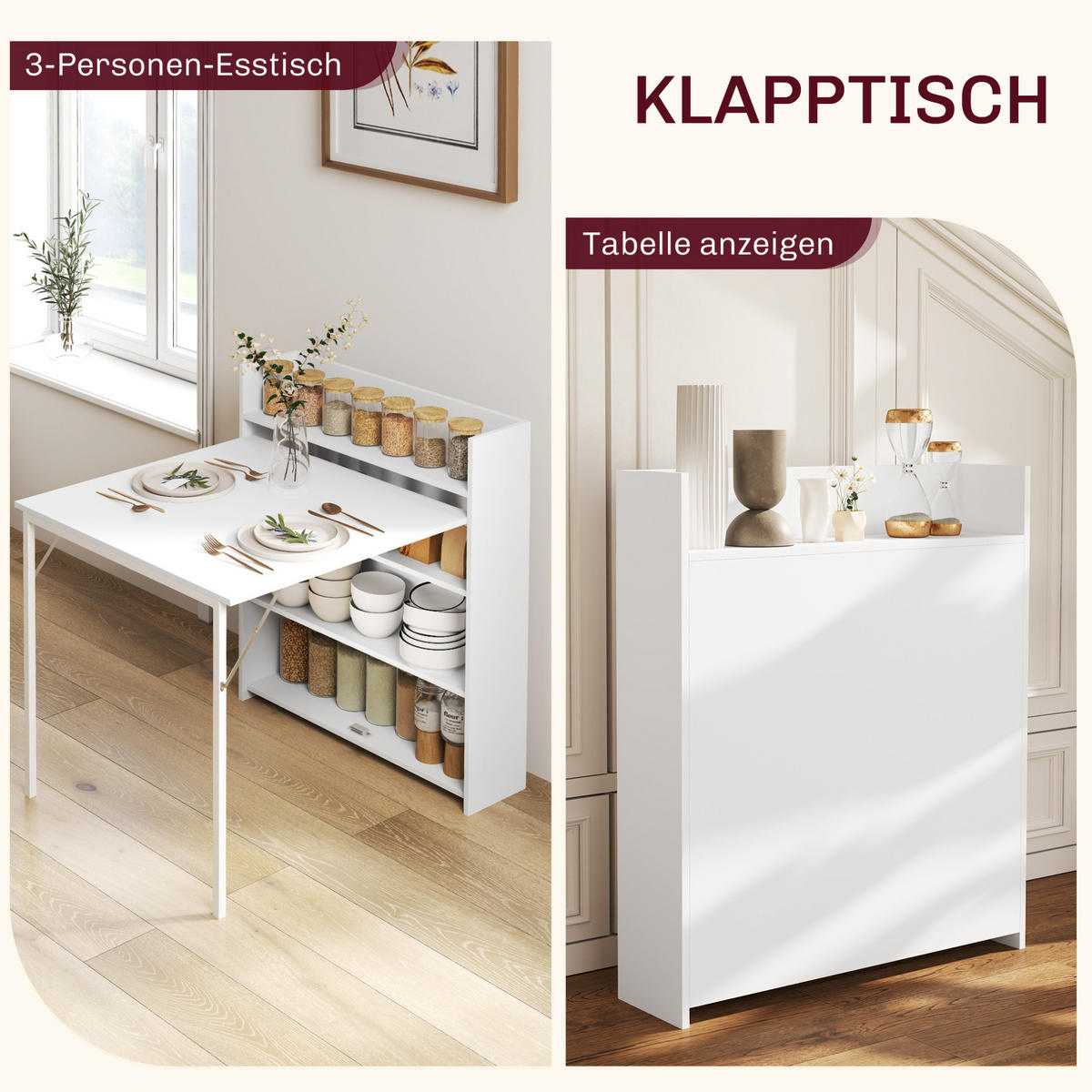 KLAPPTISCH 78,5/91/93 cm, seitlich ausklappbar, platzsparend für 3 Personen - Weiß, Holz (91/78.5/93cm) - BEAOK