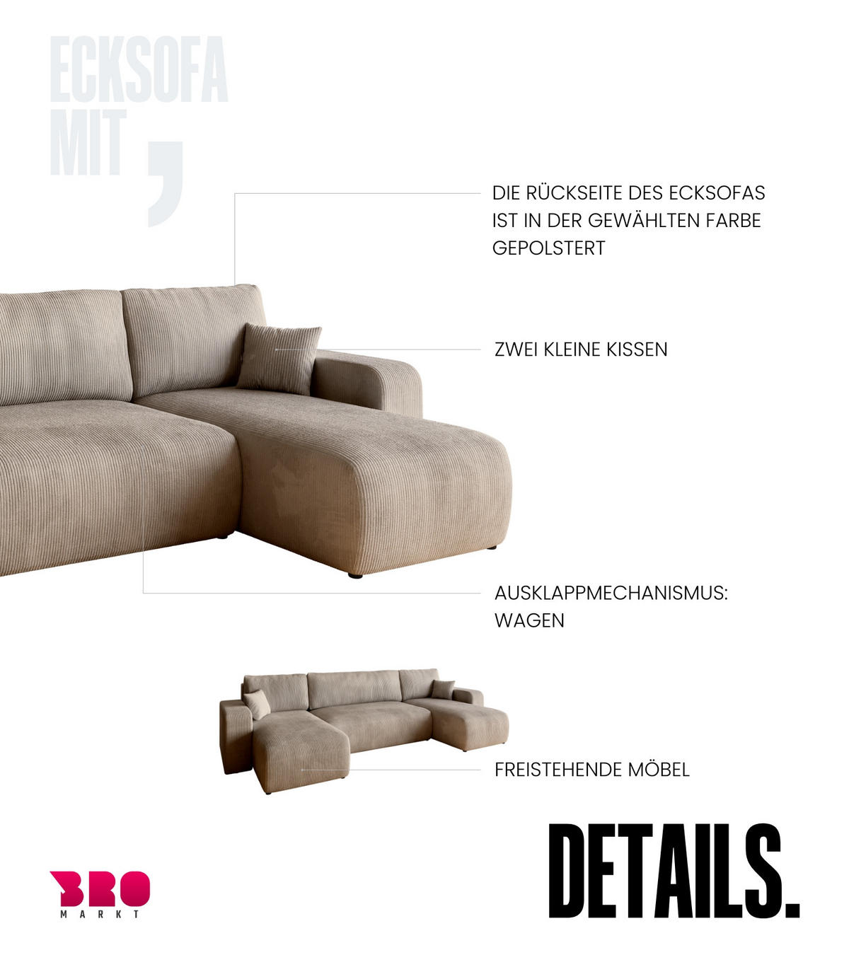 WOHNLANDSCHAFT PUMI mit Schlaffunktion Beige Cord - Beige, Textil (312/82/148cm) - Bromarkt