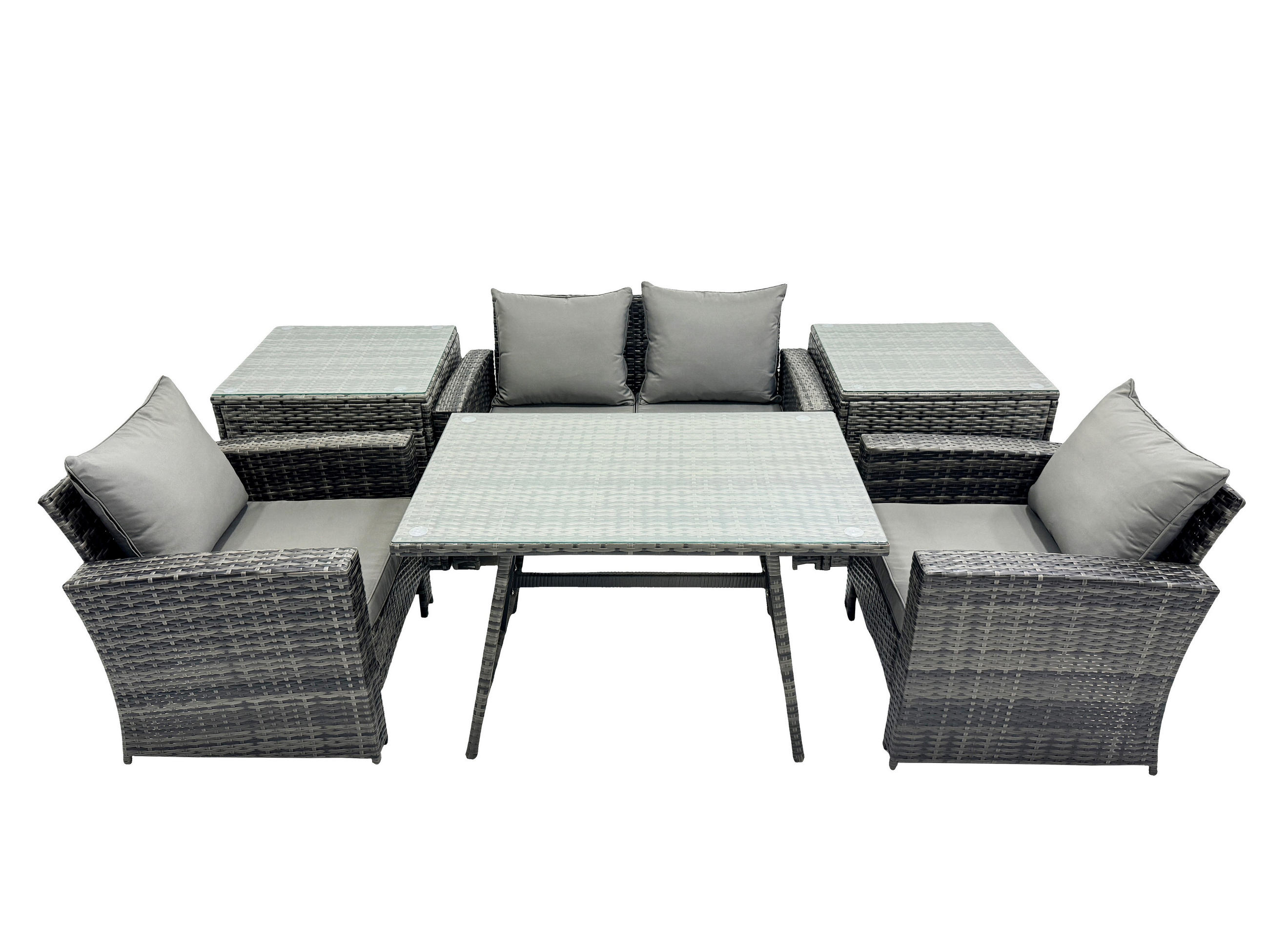 GARTENMÖBELSET mit ESSTISCH,HOCHLEHNER-SOFA Polyrattan Dunkelgrauer Mix 4-Sitzer - Dunkelgrau/Grau, Glas/Kunststoff - Fimous