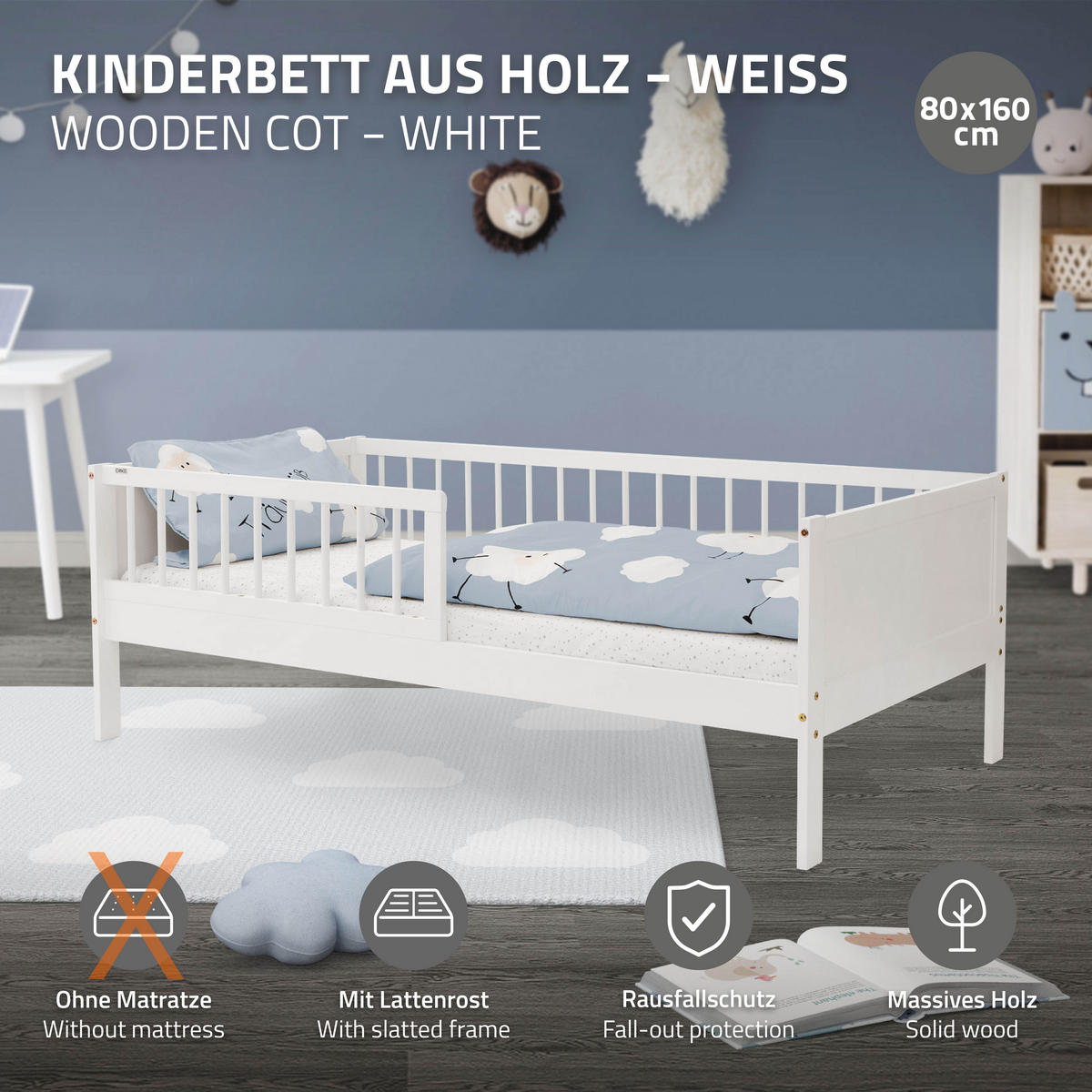 KINDERBETT 80x160 cm Weiß - Weiß, Holzwerkstoff - ML-DESIGN