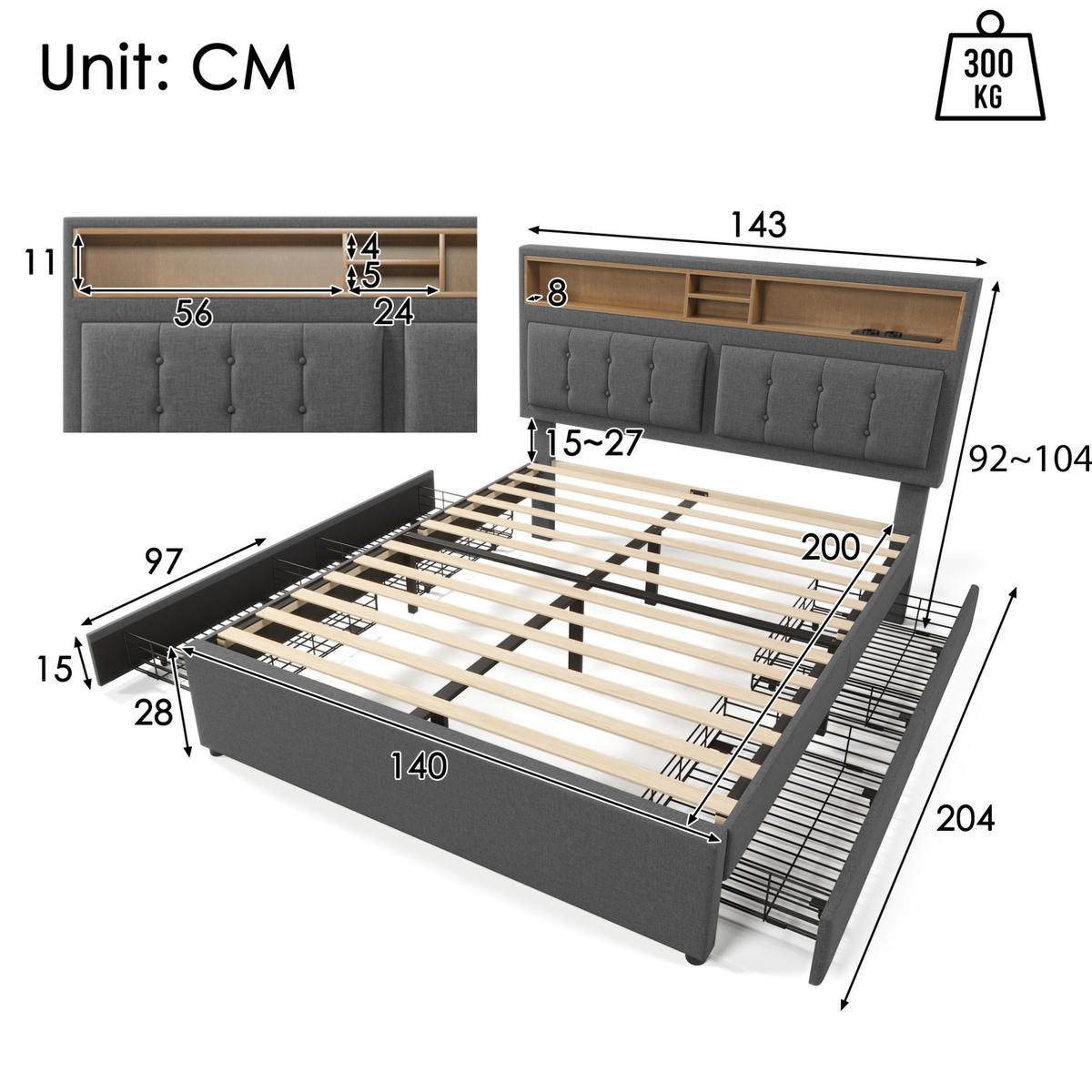 BETT mit 4 Schubladen & USB-C 140x200 cm Leinen Grau - Grau, Metall (140/200cm) - Meubliv