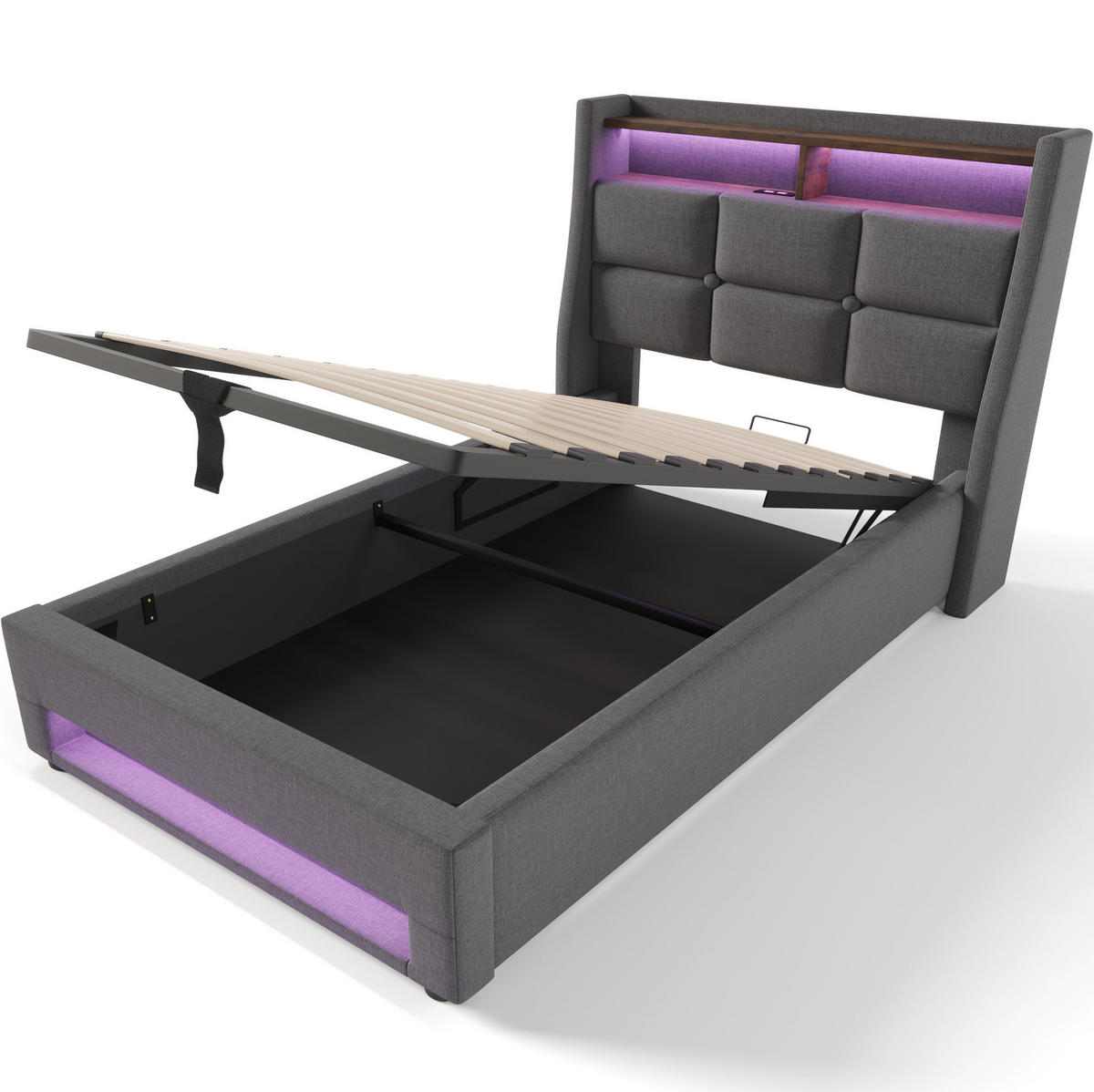 POLSTERBETT mit LED-Beleuchtung 90/200 cm mit USB, Bettkasten & Lattenrost - Grau, Textil (90/200cm) - BEAOK