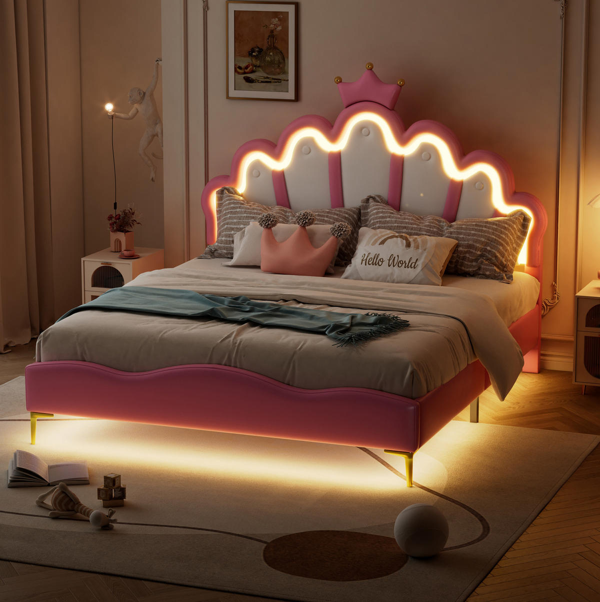 KINDERBETT Polsterbett 140/200 cm aus PU-Kunstleder mit LED-Beleuchtung Rosa - Rosa, Kunststoff (140/200cm) - Modenvie