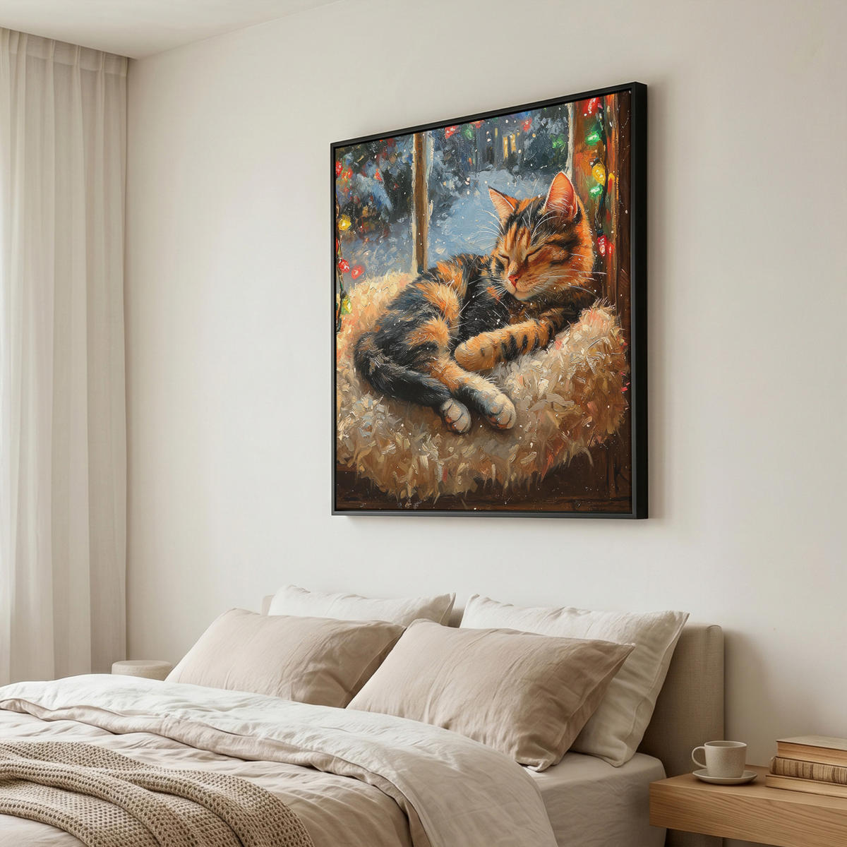 LEINWAND Bilder mit Rahmen - Katze - Weihnachten - Winter - Tier - 90x90 - Bernsteinfarben, Textil (90/90cm) - MuchoWow