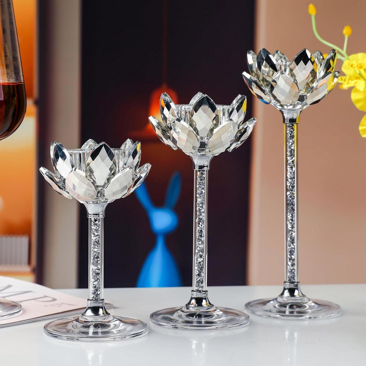KERZENSTÄNDER 3-teiliges Set Kristall Lotus - Silberfarben, Glas (11.4/20.1/23.4cm)