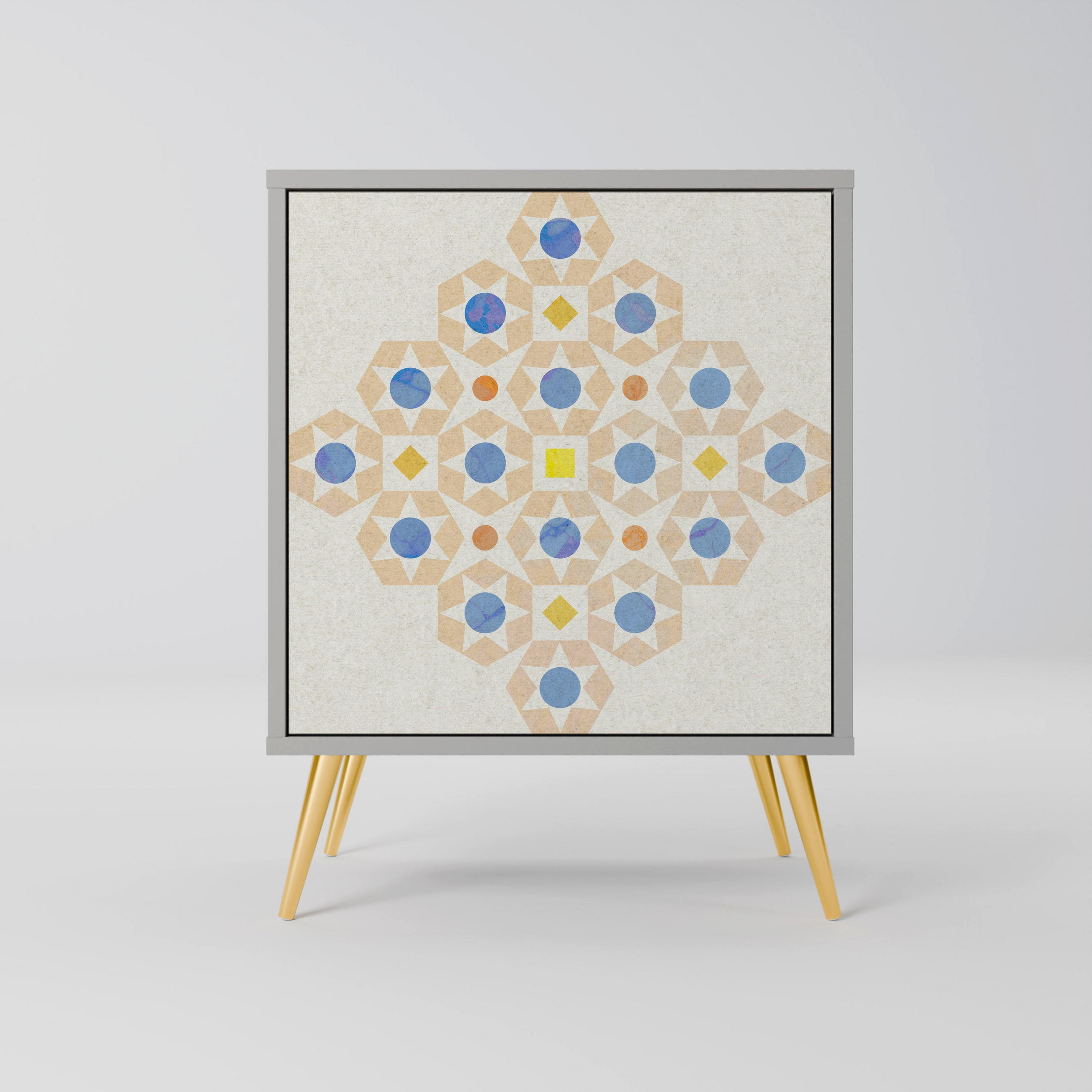 SIDEBOARD PATTERNED PRISM, Grau, 57,5x42x75,5 cm, Goldfarbene Metallfüße - Goldfarben/Multicolor, Holzwerkstoff/Metall (57.5/75.5/42cm) - SpaceRebels