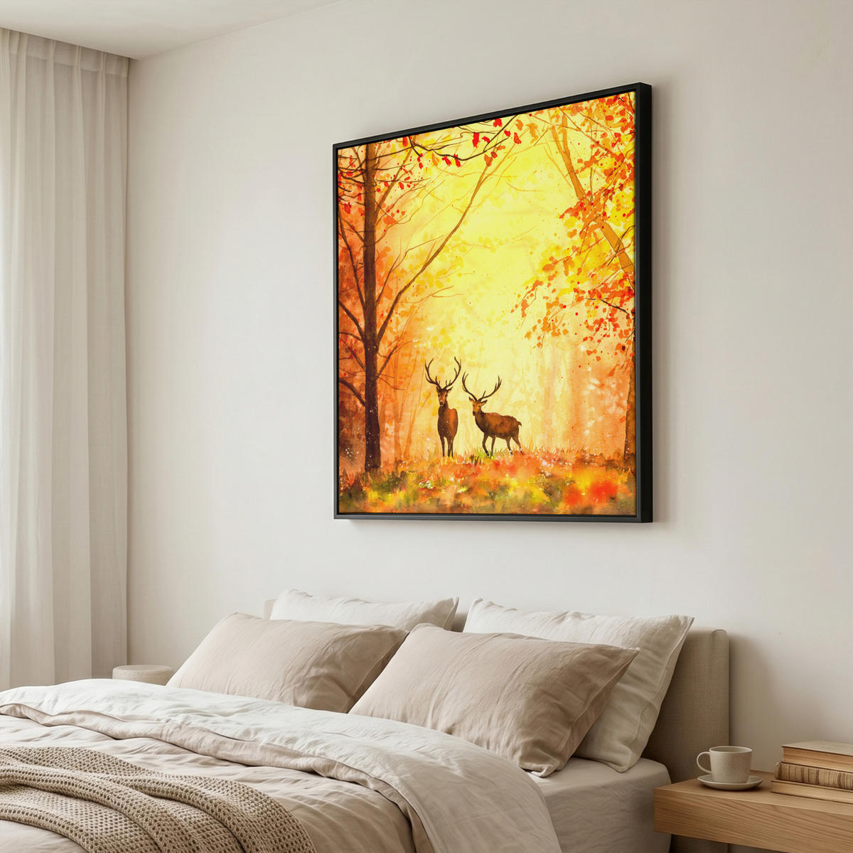 LEINWAND Bilder mit Rahmen - Natur - Ölfarbe - Hirsche - Tiere - Herbst - Orange - 90x90 - Orange, Textil (90/90cm) - MuchoWow