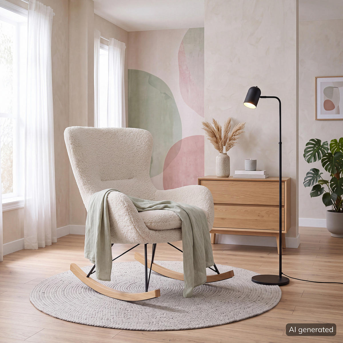 SCHAUKELSTUHL - Teddystoff - Hellbraun/Weiß, Holz/Textil (76/103/100cm) - home24