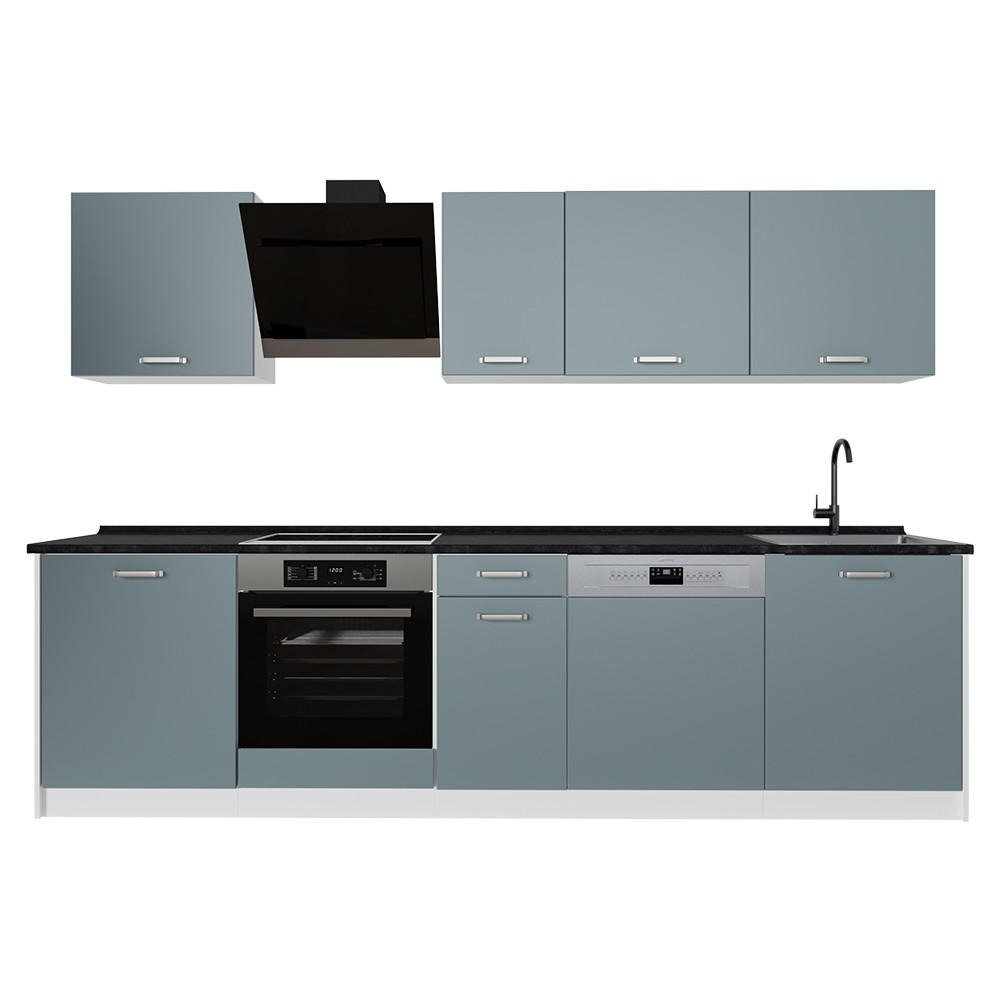 KÜCHENZEILE R-Line, Blau-Grau/Weiß, 280 cm Arbeitsplatte Anthrazit - Blaugrau/Weiß, Holzwerkstoff (280/206.8/60cm) - Vicco