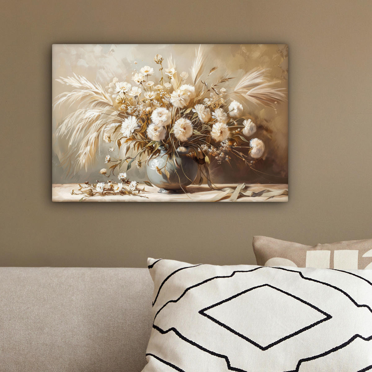 LEINWANDBILD Blumen - Vase - Stilleben - Beige 30x20 cm - Creme, Textil (30/20cm) - MuchoWow