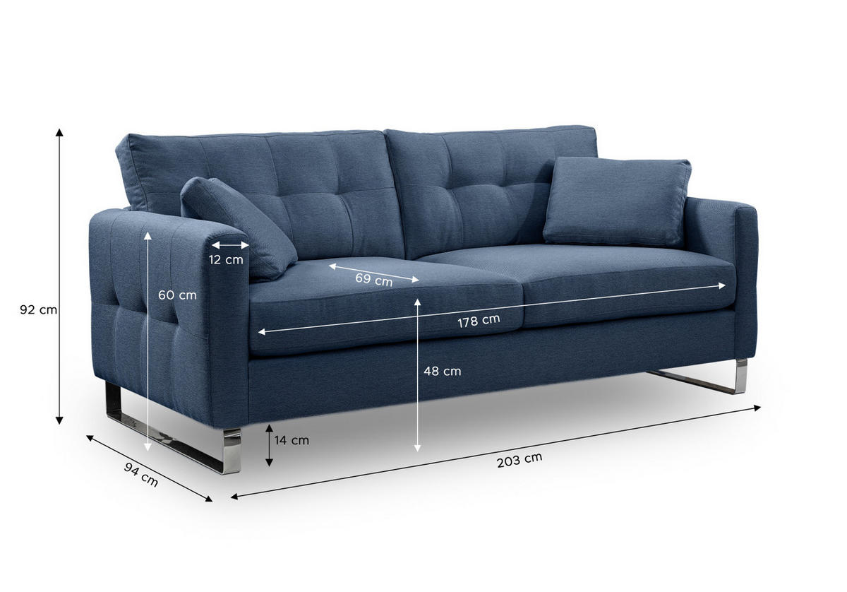 SOFA blau Flachgewebe 2,5-Sitzer 203 cm, Couch mit Steppoptik - Blau/Chromfarben, Holz/Textil (203/92/94cm) - Inn.Furn