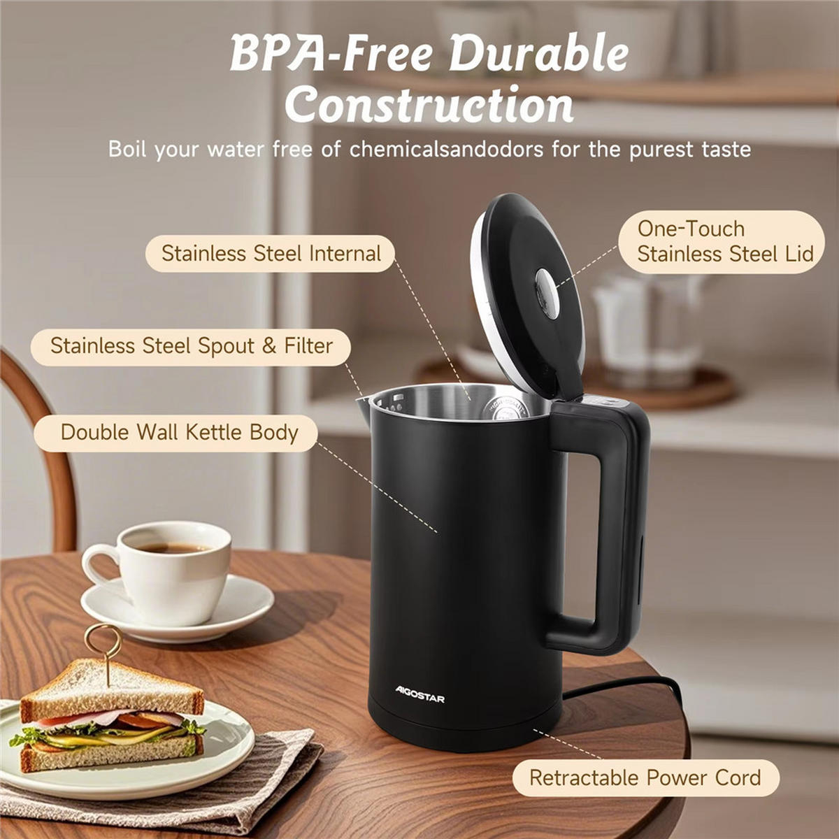 WASSERKOCHER Smart 1,7L WiFi Temperatur 40–100°C Edelstahl Schwarz - Schwarz, Metall (1/1/1cm) - Kaket