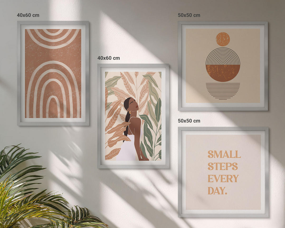 BILDER SET 4er Set - 50x50 cm & 40x60 cm Silberner Rahmen - Stilvolle Pflanzenmuster und Geometrie - Silberfarben, Kunststoff (50/50cm) - TULUP