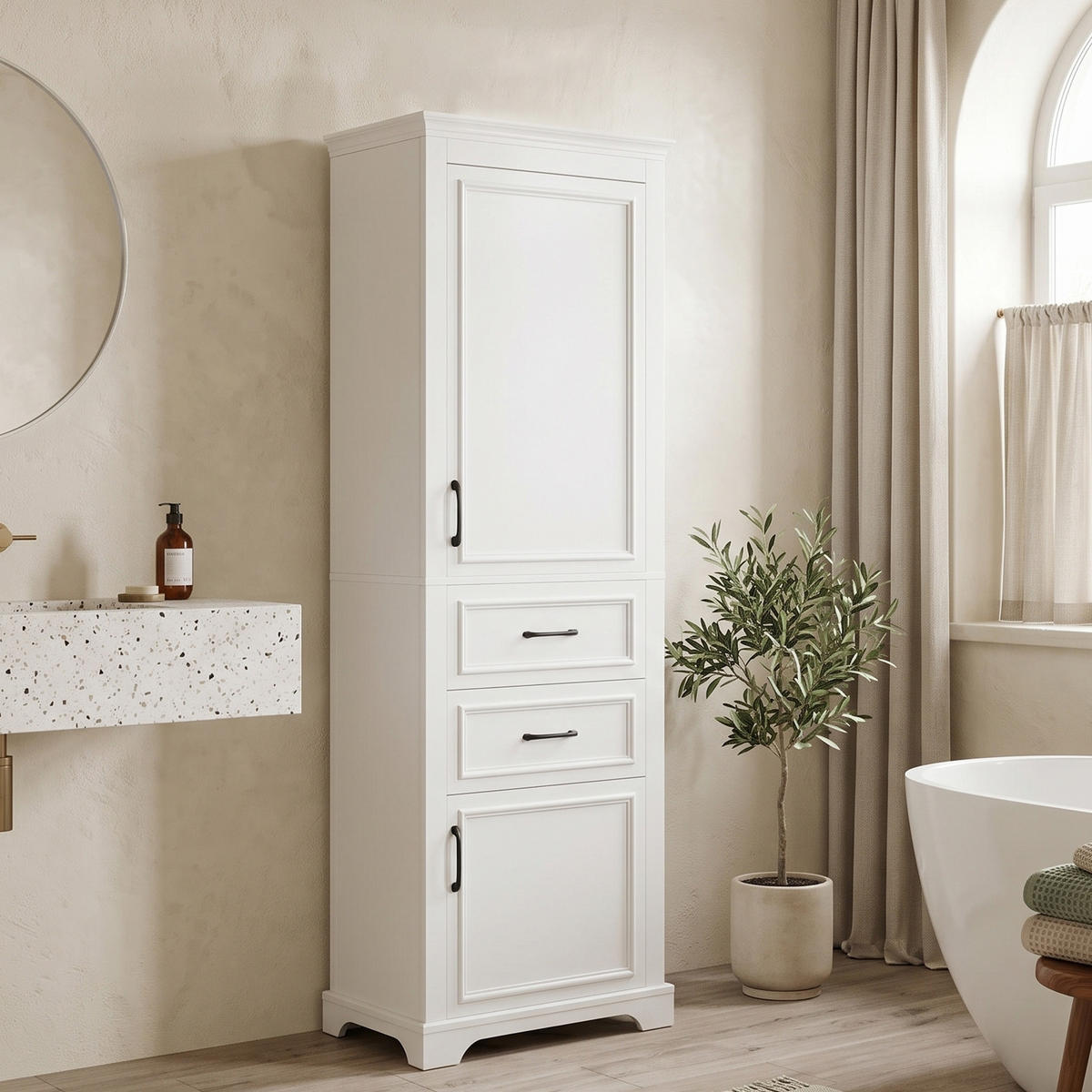 KOUPELNOVÁ SKŘÍŇKA Vysoká, bílá, se 2 zásuvkami - bílá, kompozitní dřevo (60/180/40cm) - Urban Meuble